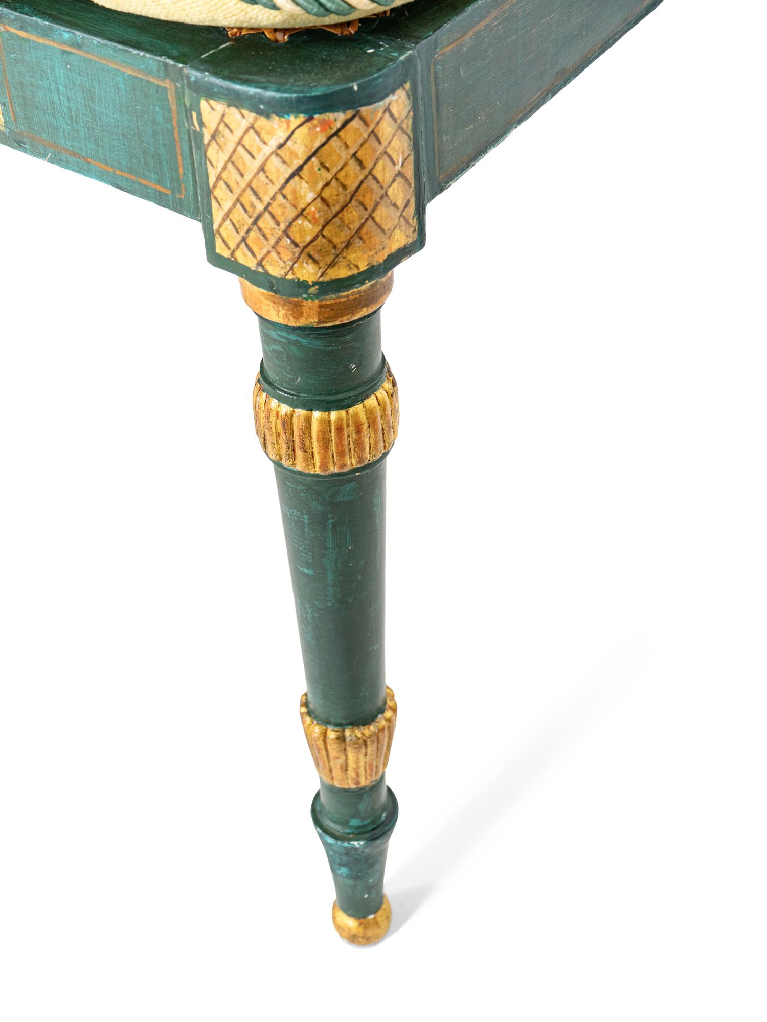 A Set of Eight Continental Green Painted and Parcel Gilt Lyre-Back Dining Chairs