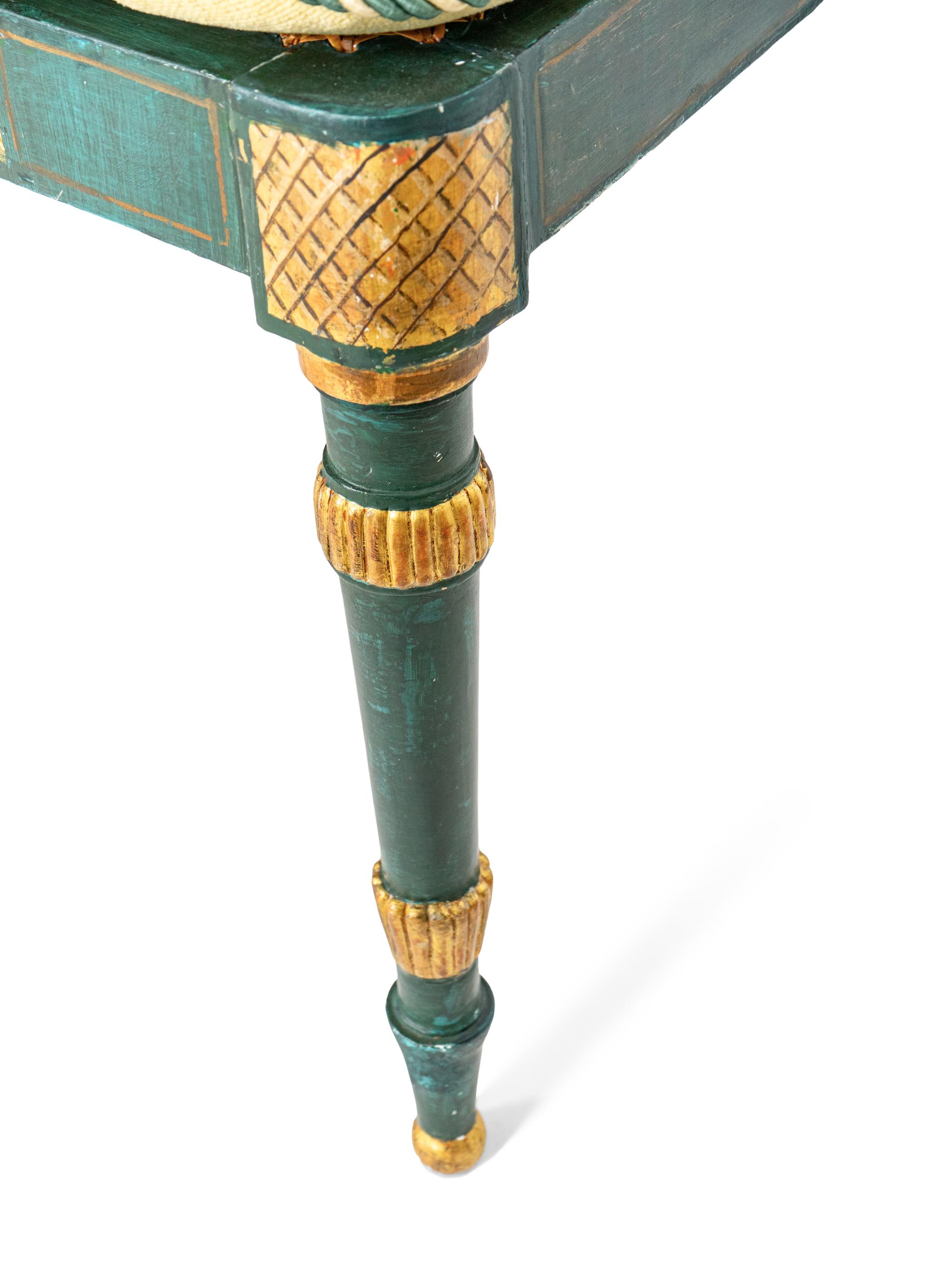 A Set of Eight Continental Green Painted and Parcel Gilt Lyre-Back Dining Chairs