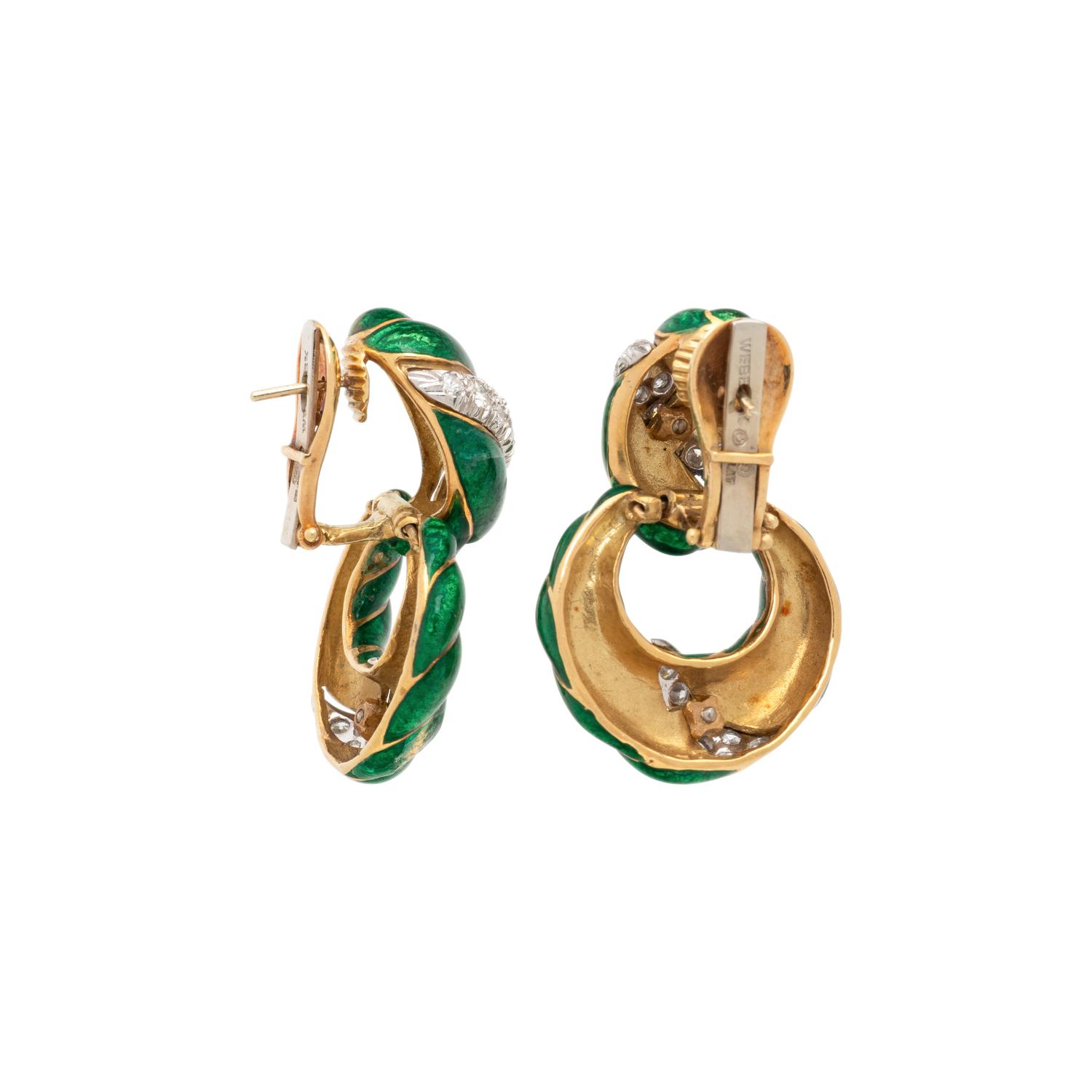 DAVID WEBB, GREEN ENAMEL AND DIAMOND EARRINGS