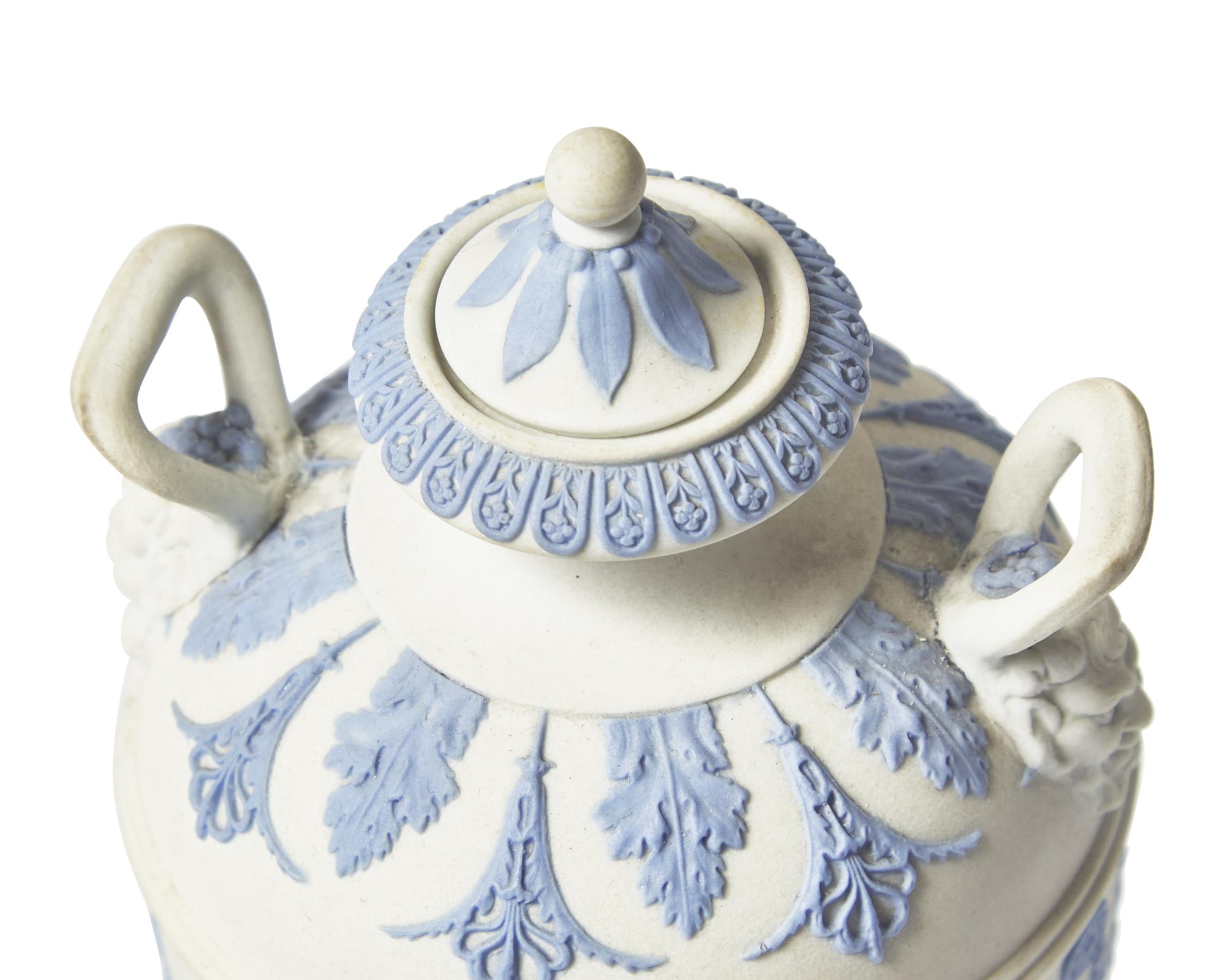 A Rare Wedgwood White and Blue Jasperware Covered Urn