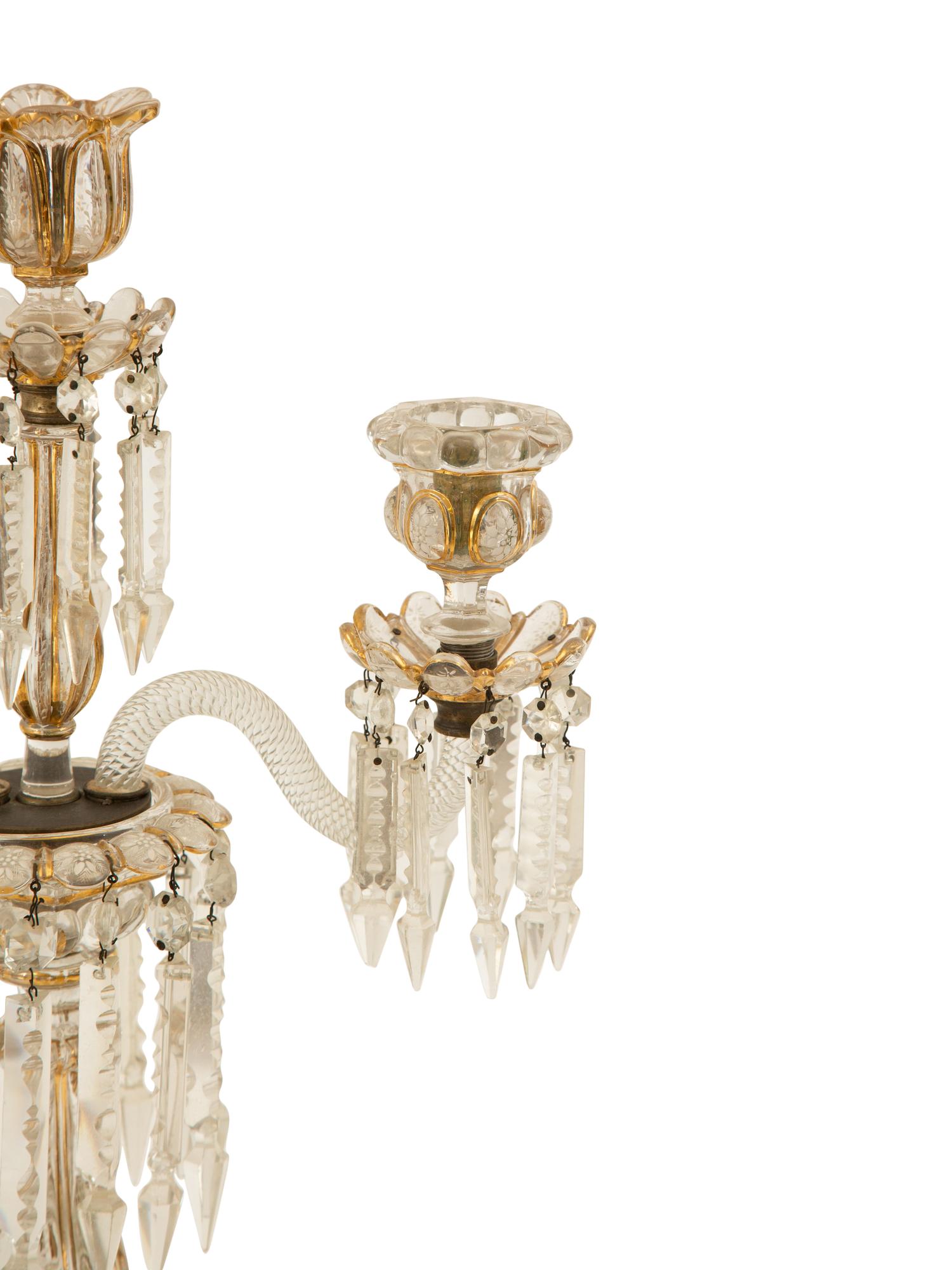 A Pair Gilt and Enamel Decorated Molded Glass Three-Light Candelabra — 19th Century