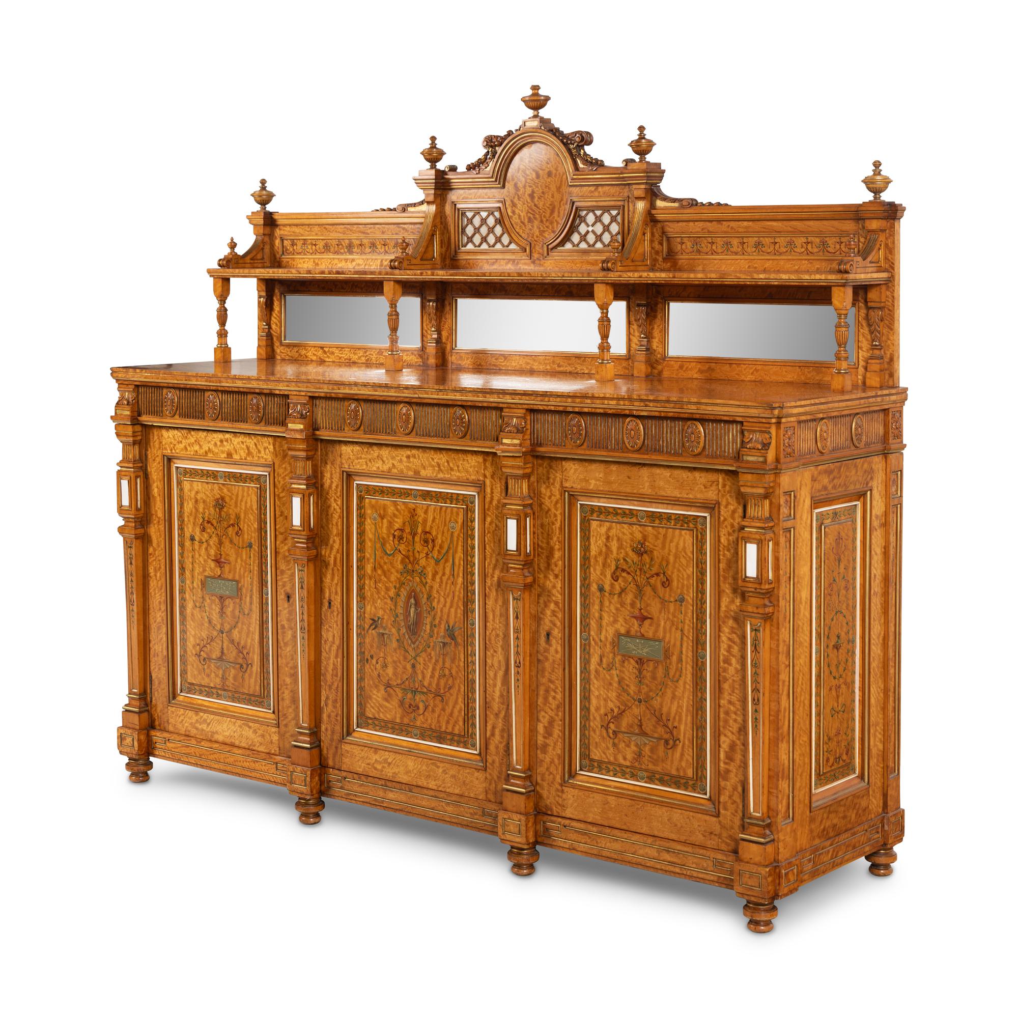 A Fine Edwardian Satinwood, Polychrome Painted and Parcel Gilt Serving Cabinet