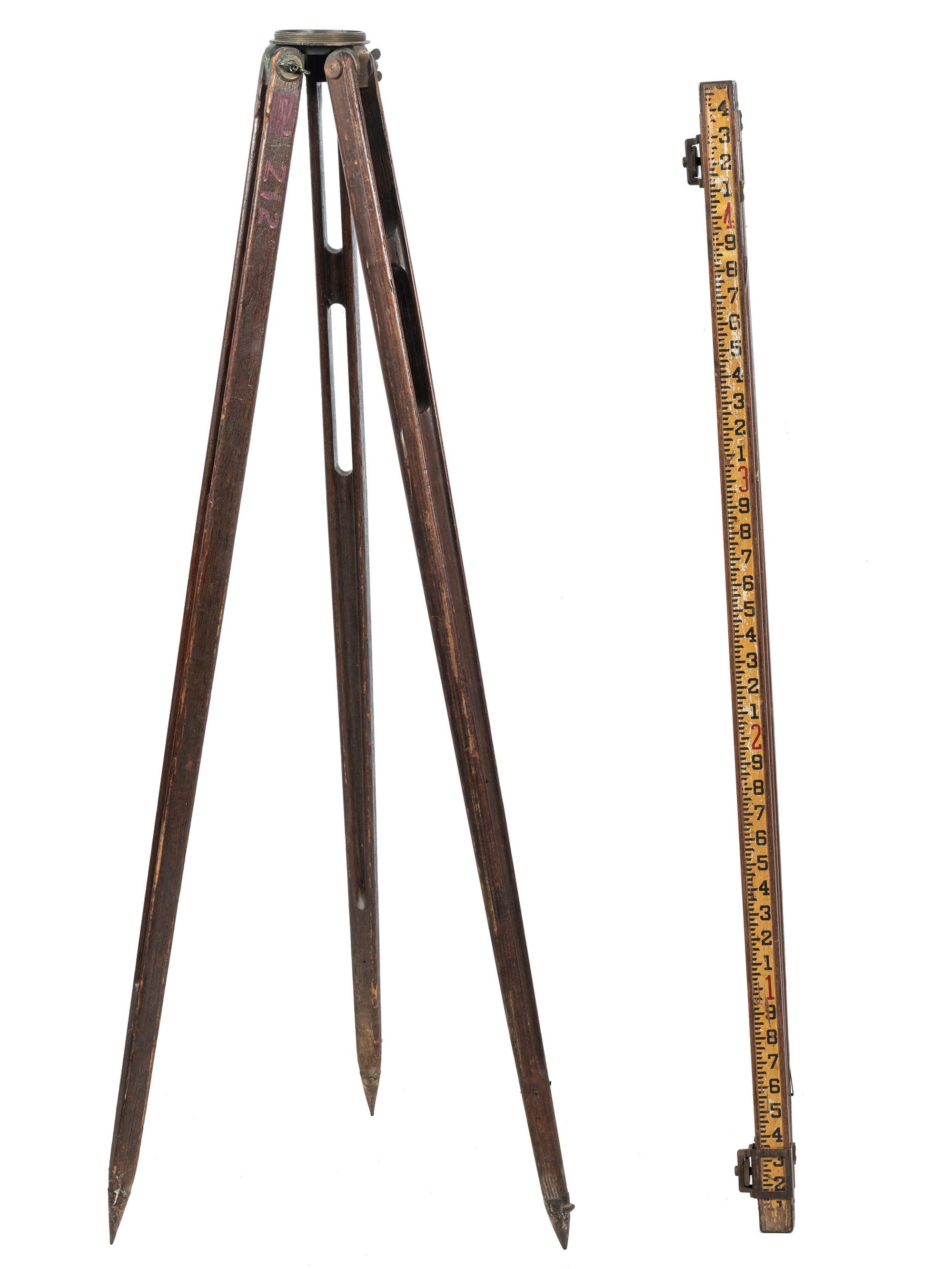 [SCIENCE & TECHNOLOGY]. 19th-century surveyor’s set, incl. optics, tripod, and measuring stick.