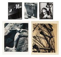 A group of five works ( Spools; Peter Lorre; #5; Model Standing in Rocks; Stairway Up Fuel Storage Tank )