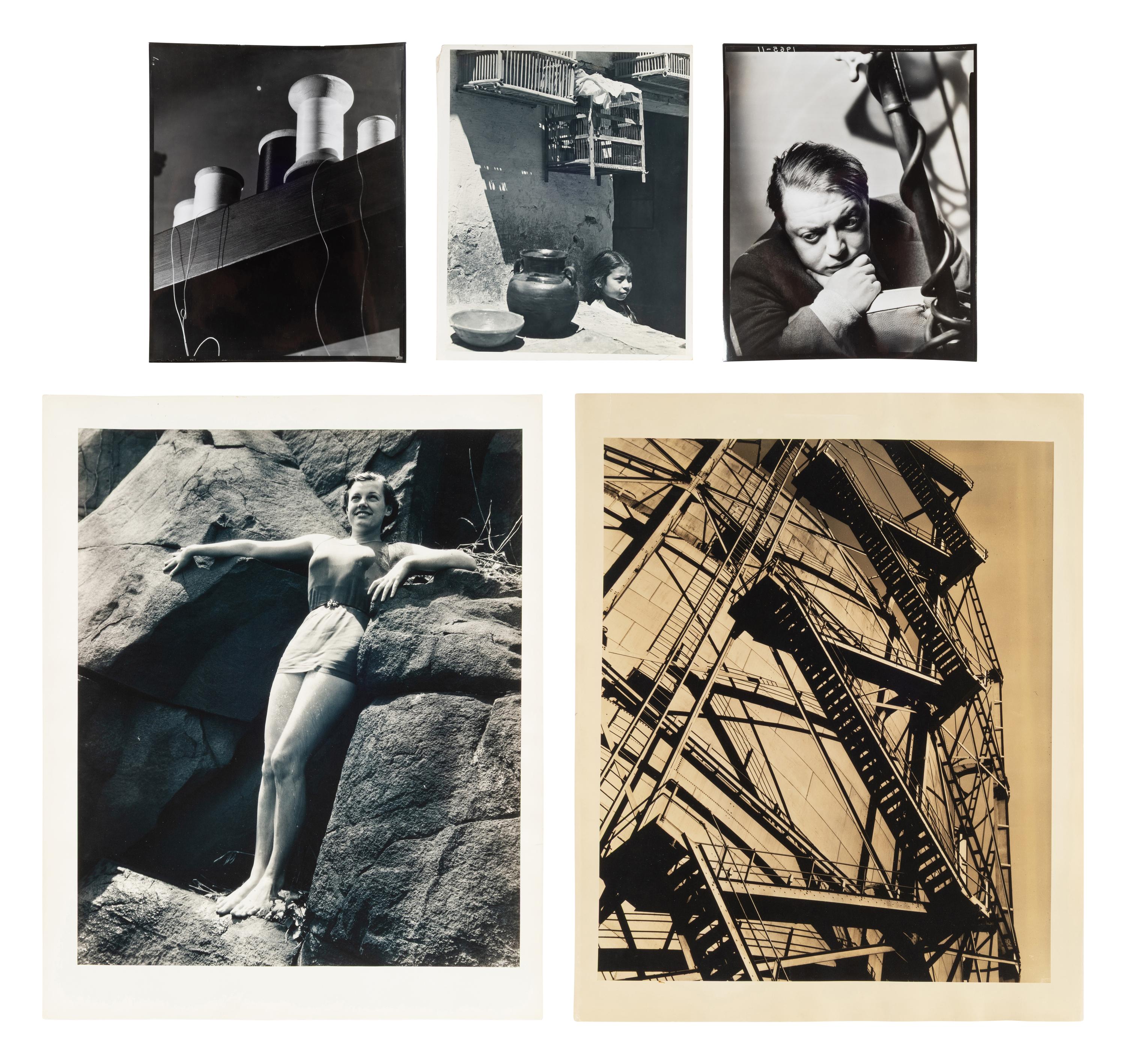 A group of five works ( Spools; Peter Lorre; #5; Model Standing in Rocks; Stairway Up Fuel Storage Tank )