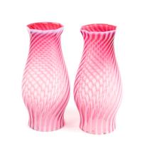 Two Cranberry Optic Rib Glass Shades Height 9 1/2 inches