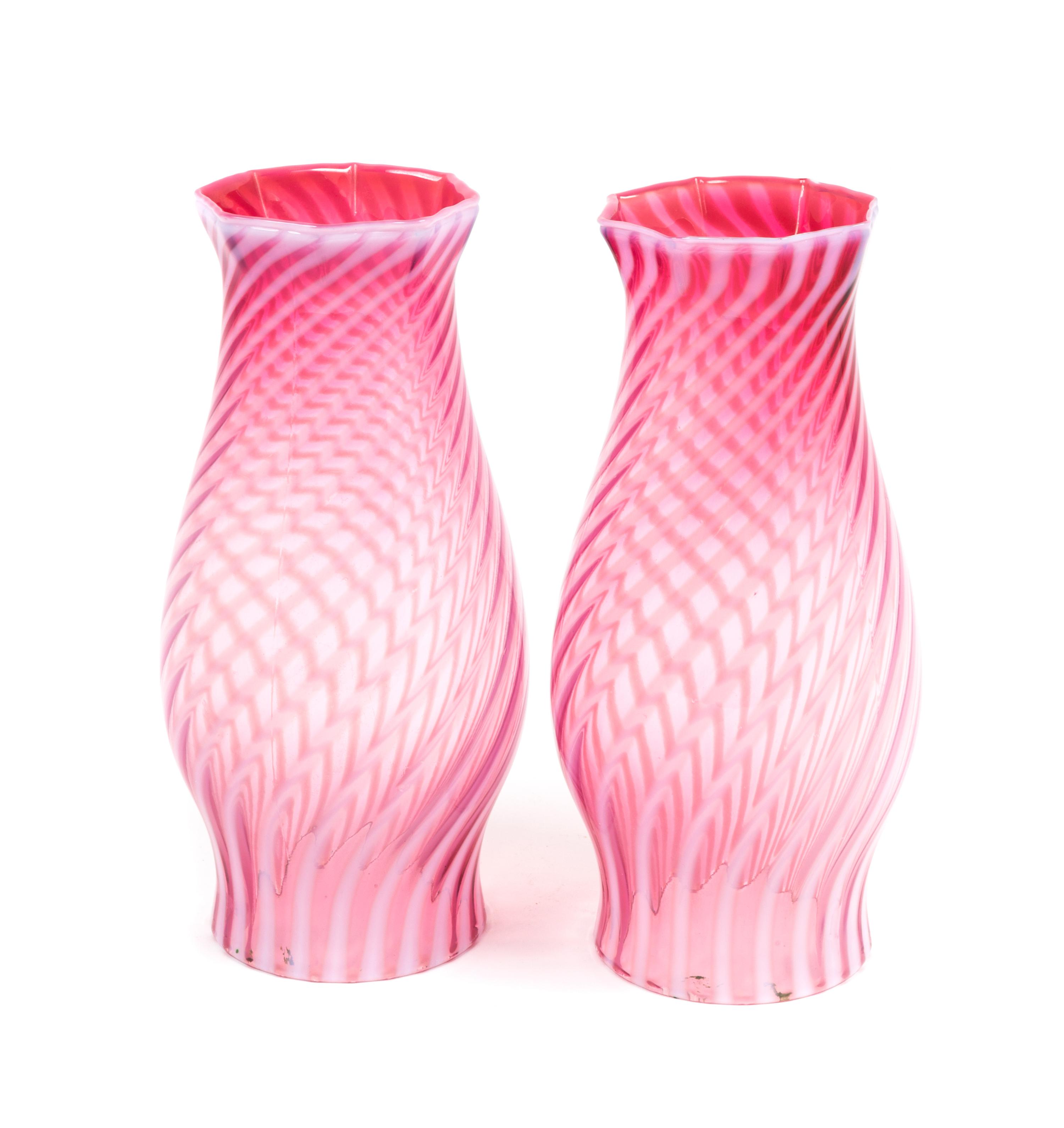Two Cranberry Optic Rib Glass Shades Height 9 1/2 inches