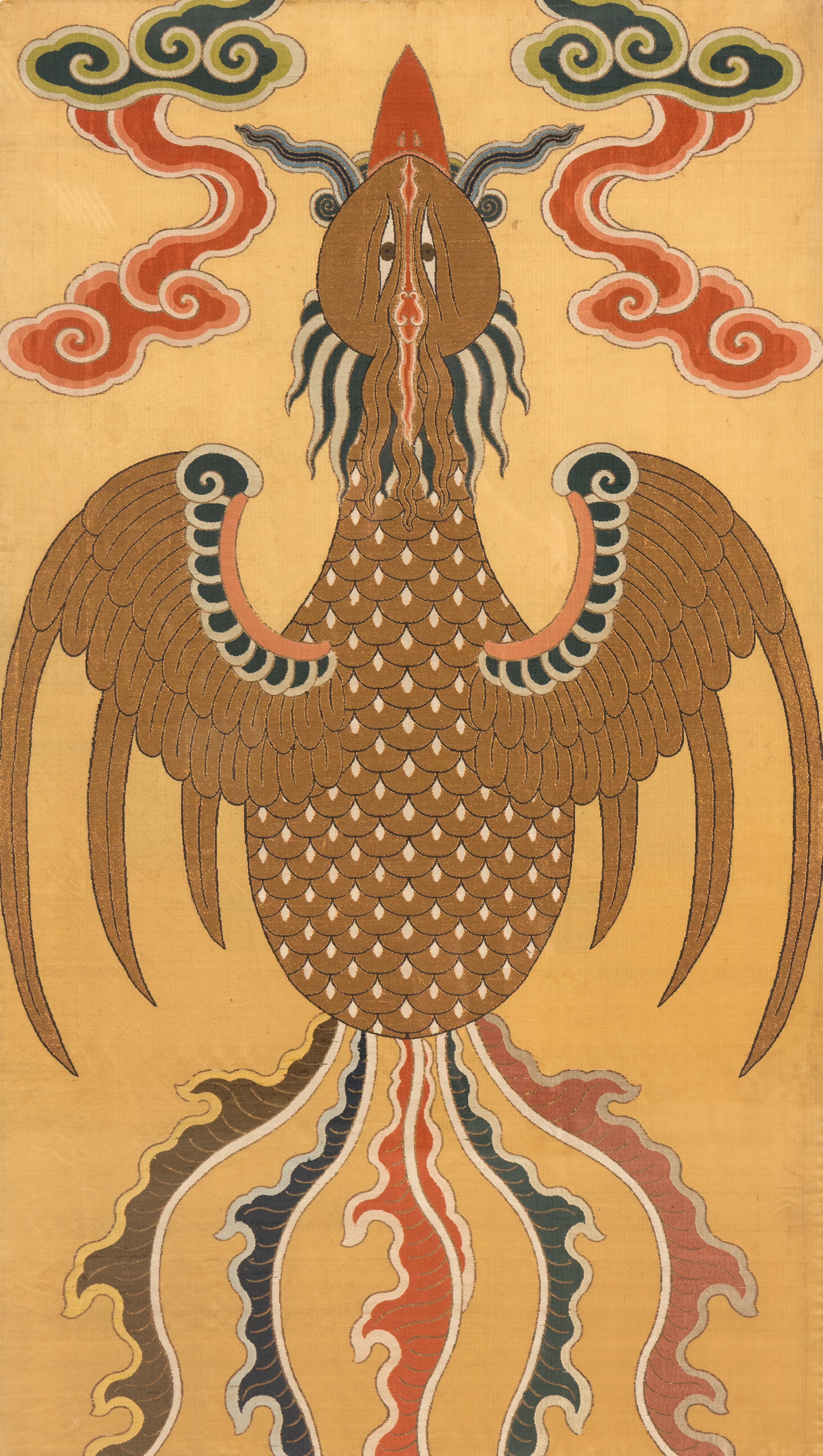 An Extremely Rare and Impressive Chinese Gold Ground Embroidered Silk 'Phoenix' Panel, Kangxi Period — 清康熙 黃地平金綉鳳凰圖