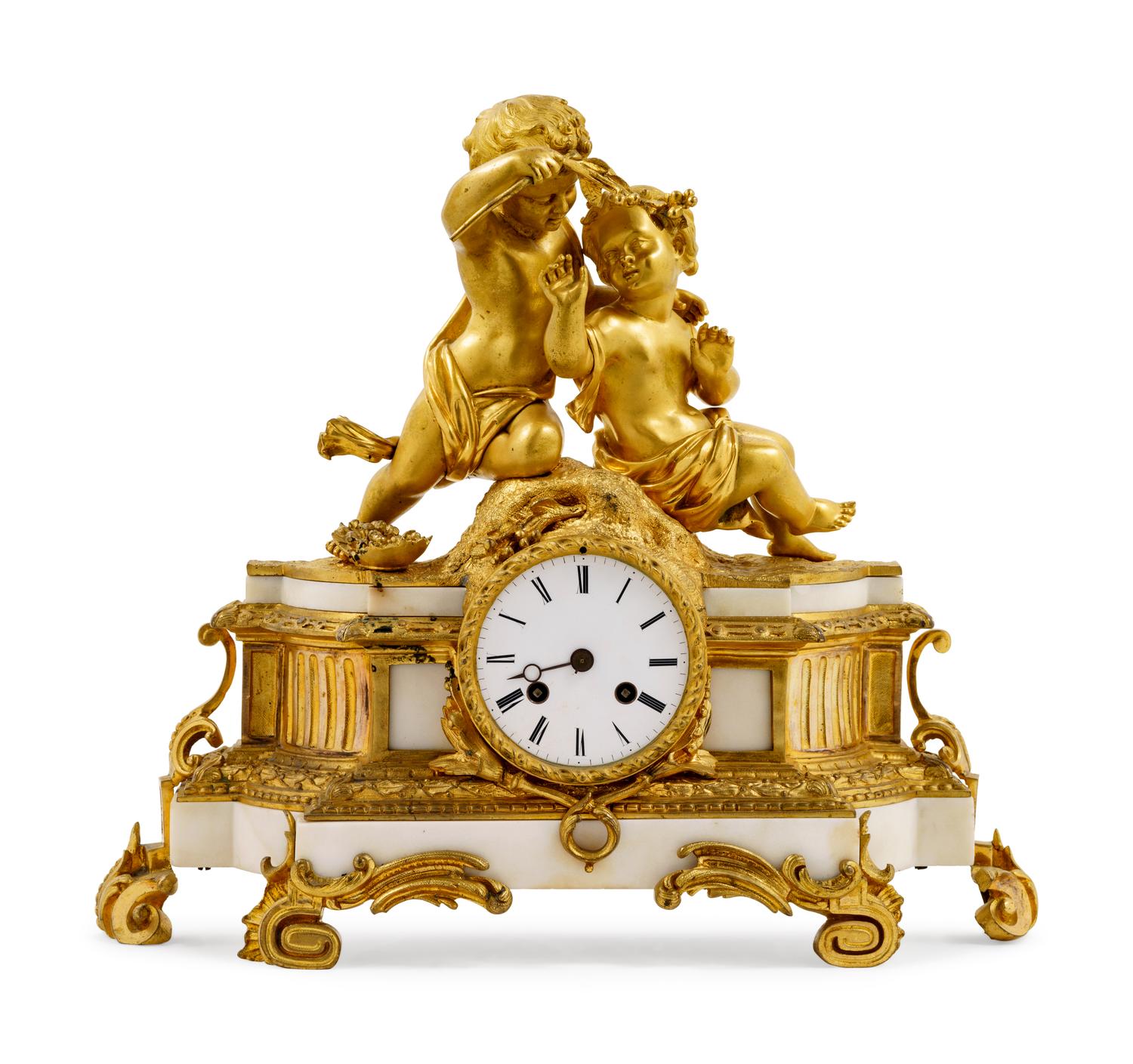 A Louis XV Style Gilt Bronze Mounted White Marble Figural Mantel Clock