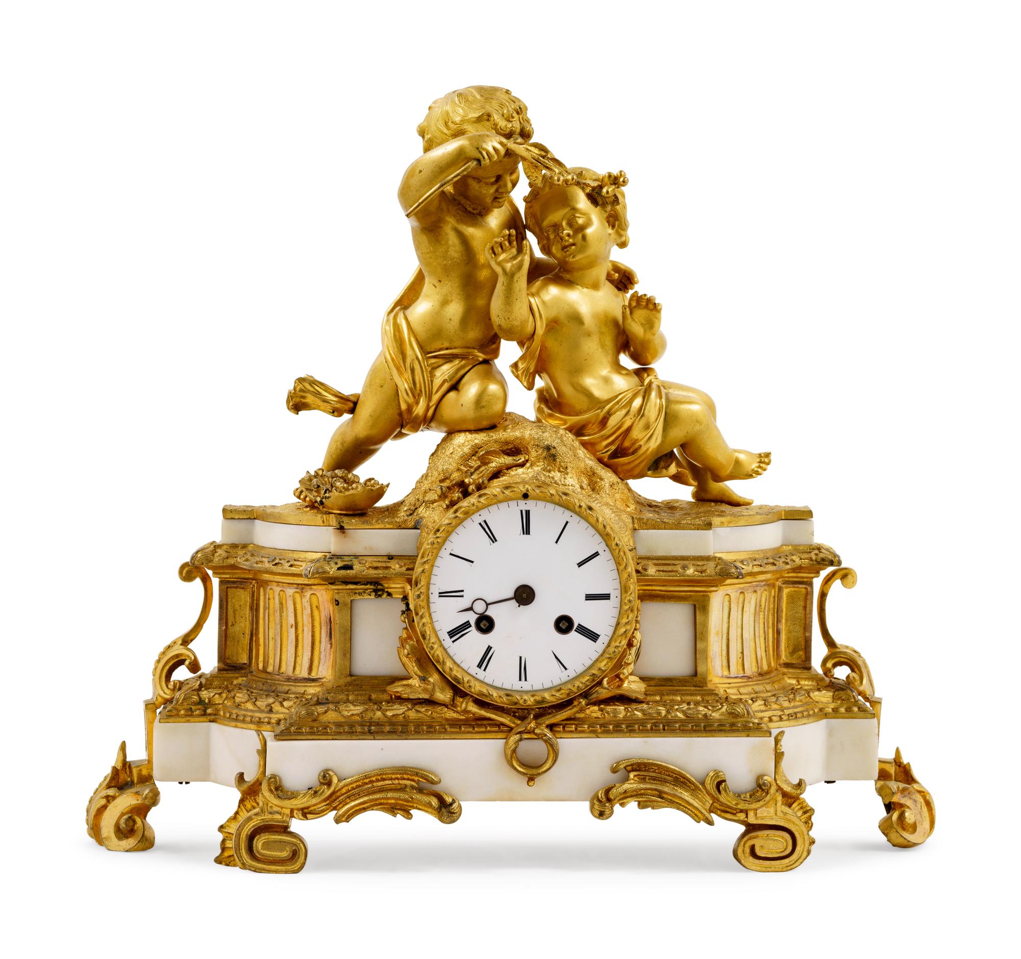 A Louis XV Style Gilt Bronze Mounted White Marble Figural Mantel Clock