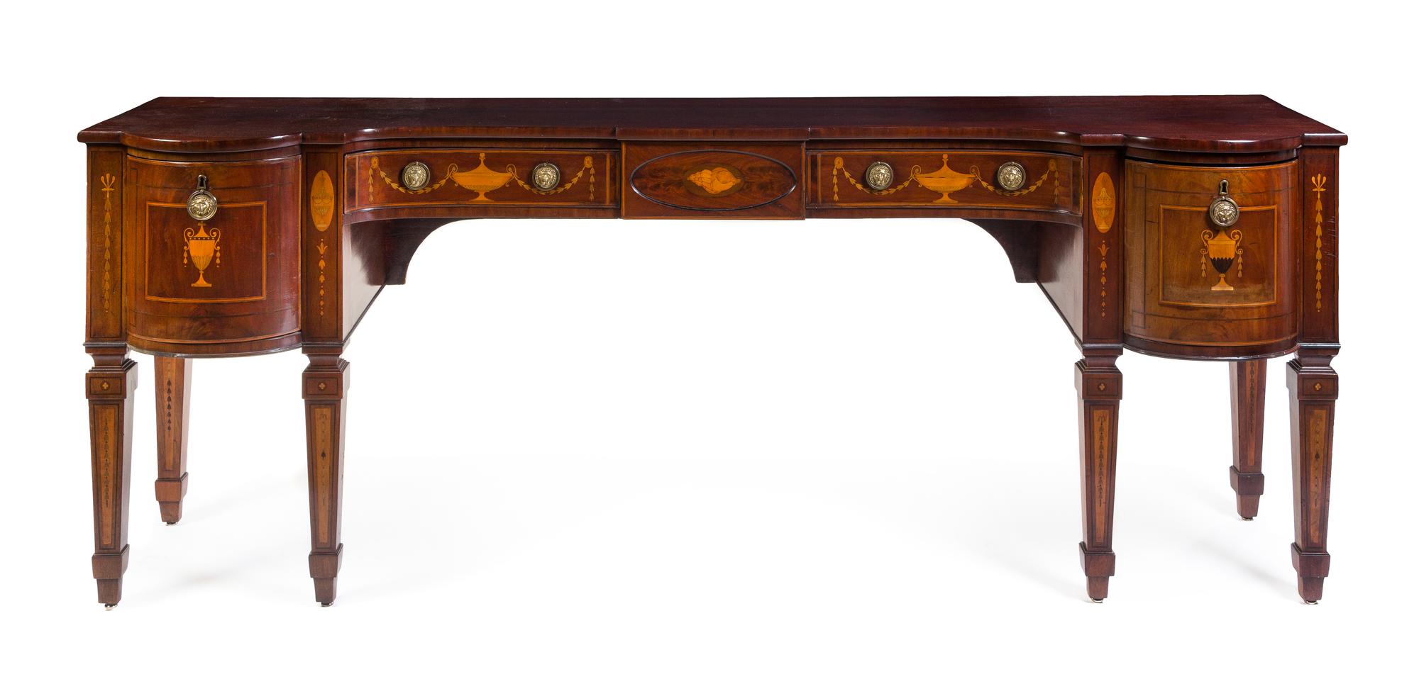 A George III Marquetry and Mahogany Sideboard Height 35 1/2 x width 93 1/2 x depth 23 3/4 inches. — 19TH CENTURY