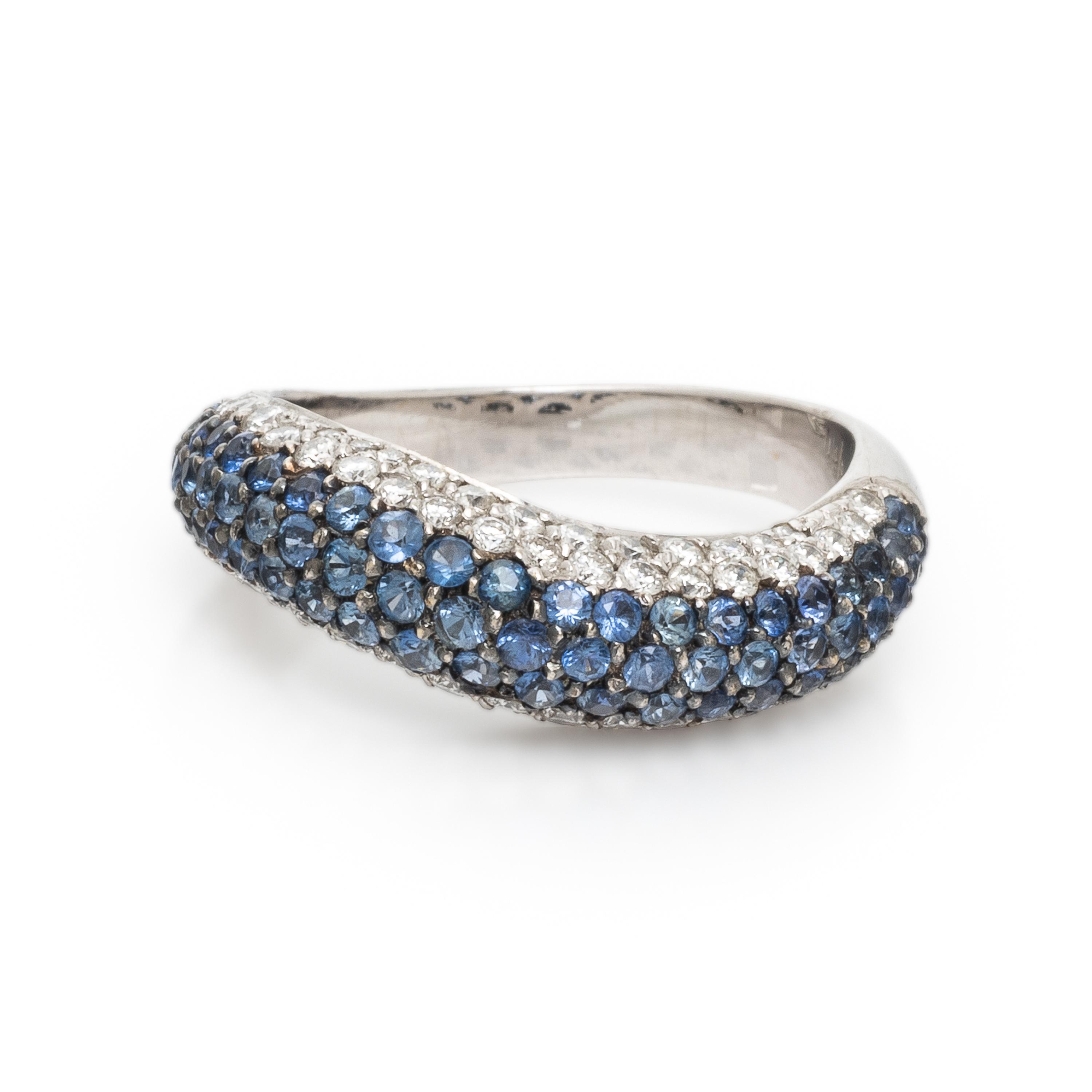 Sapphire, Diamond, and White Gold Wave Ring