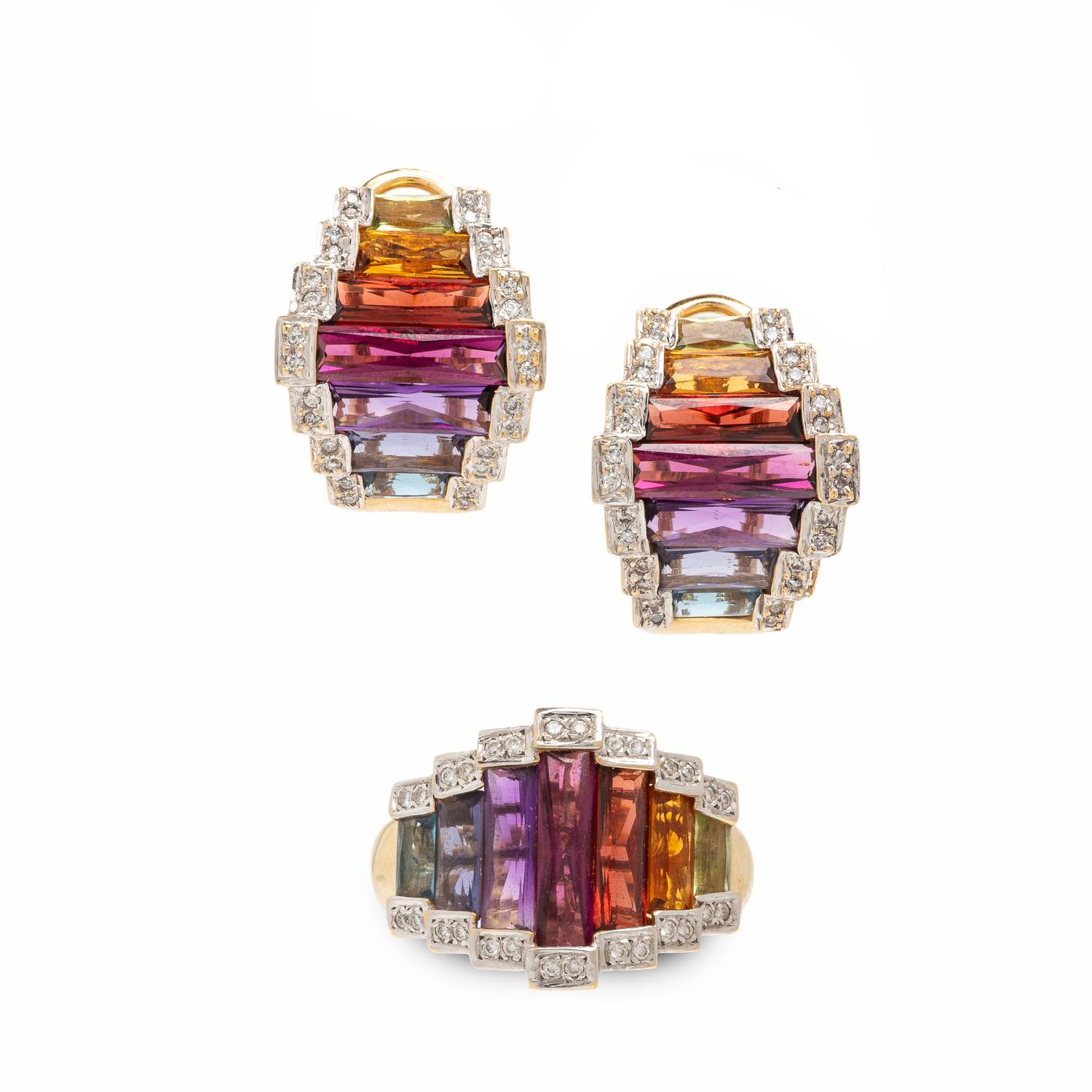 Bellarri, Multigem, Diamond, and Yellow Gold Earrings and Ring