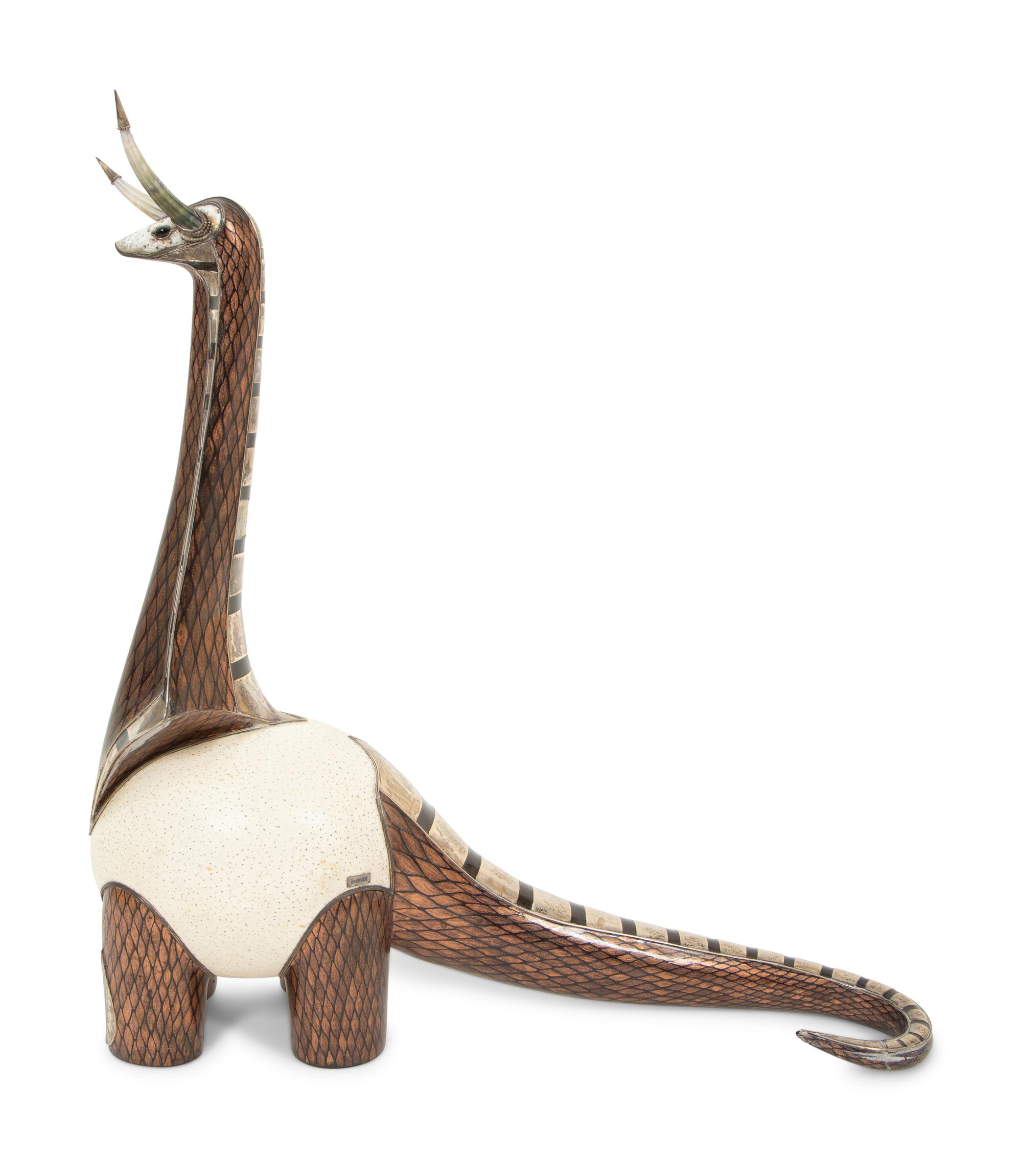 A Roberto Estevez Dinosaur Ostrich Egg and Silver Sculpture