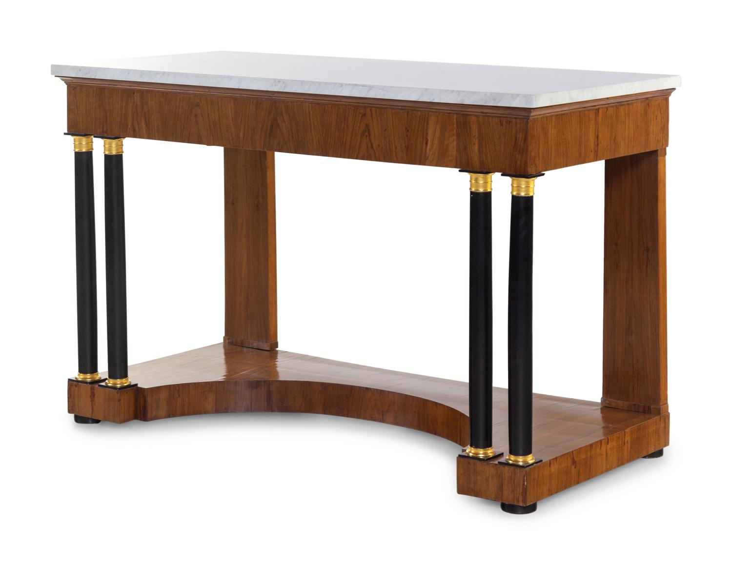 A Pair of Russian Empire Gilt Metal Mounted Parcel Ebonized Mahogany Marble-Top Console Tables