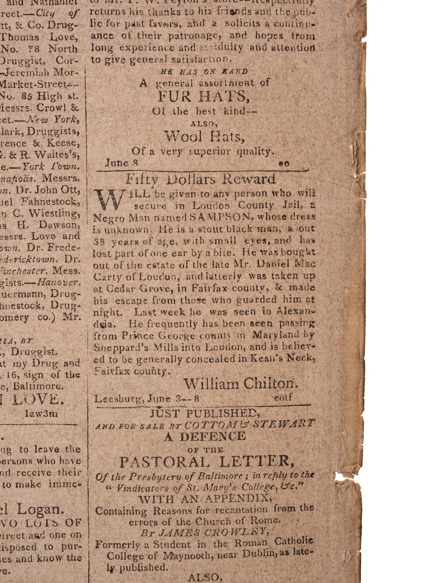 [SLAVERY & ABOLITION]. Alexandria Daily Gazette, Commercial & Political. Vol. XII, No. 3676. Alexandria, VA, 18 June 1812.