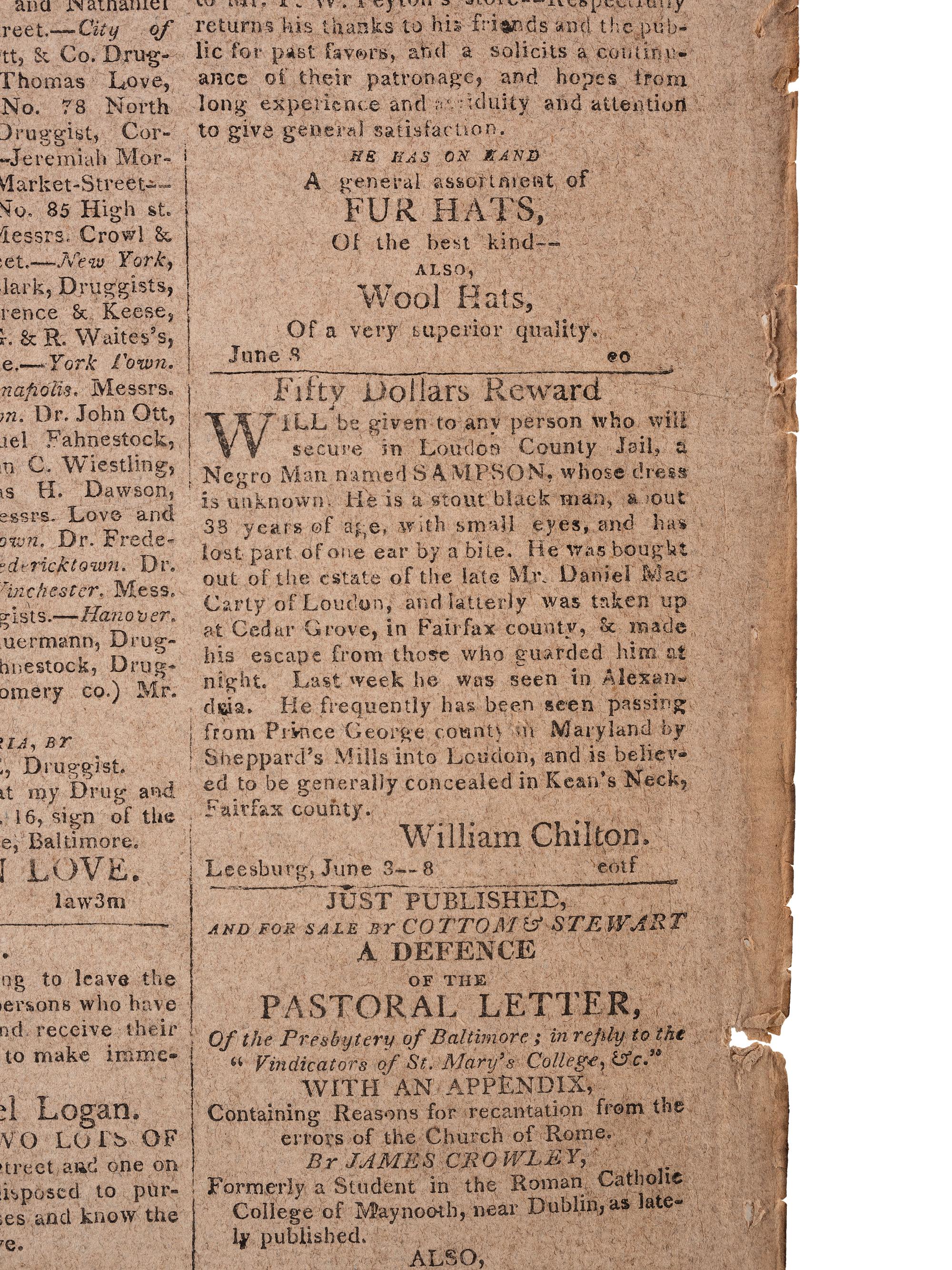 [SLAVERY & ABOLITION]. Alexandria Daily Gazette, Commercial & Political. Vol. XII, No. 3676. Alexandria, VA, 18 June 1812.