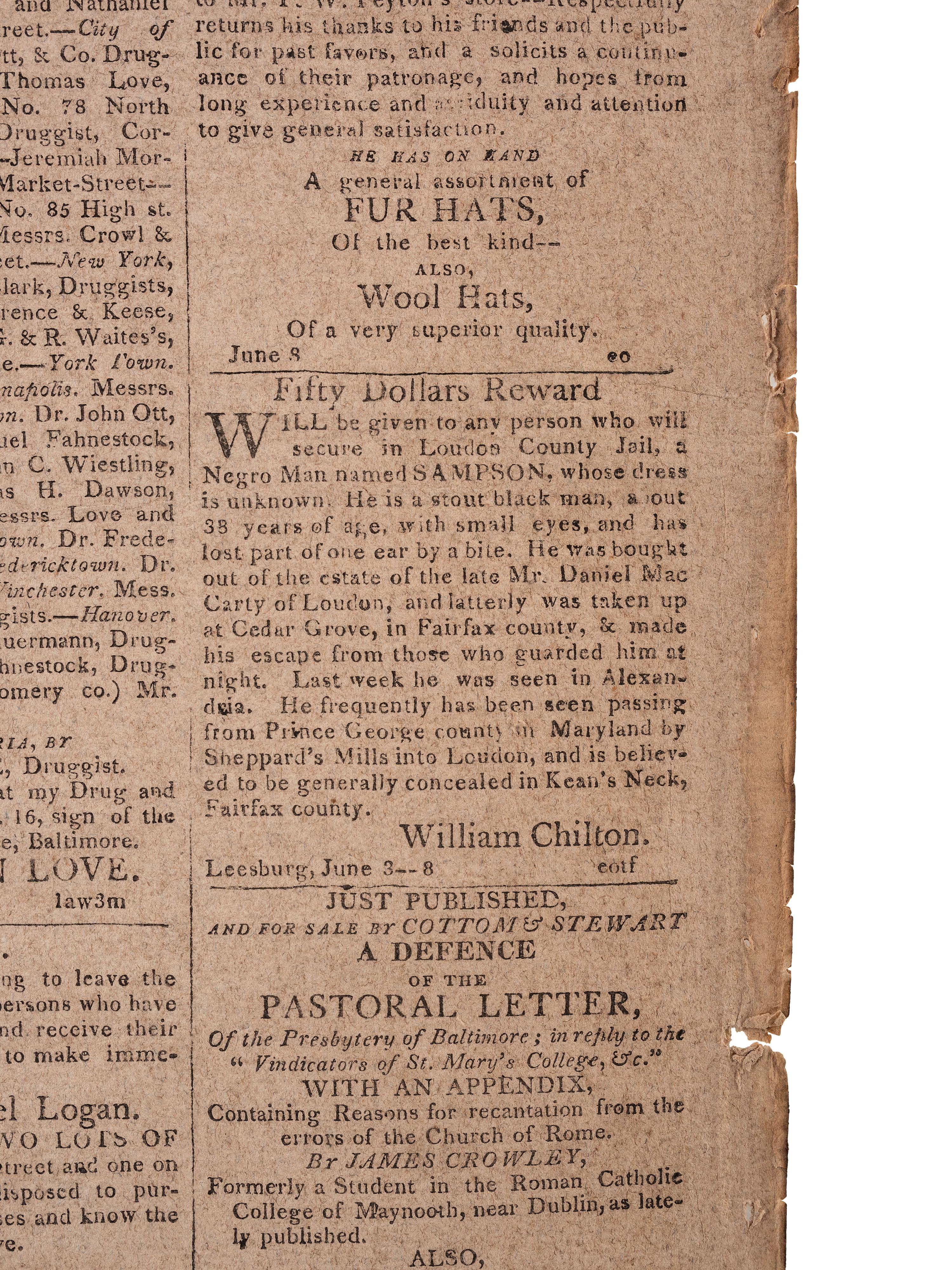 [SLAVERY & ABOLITION]. Alexandria Daily Gazette, Commercial & Political. Vol. XII, No. 3676. Alexandria, VA, 18 June 1812.