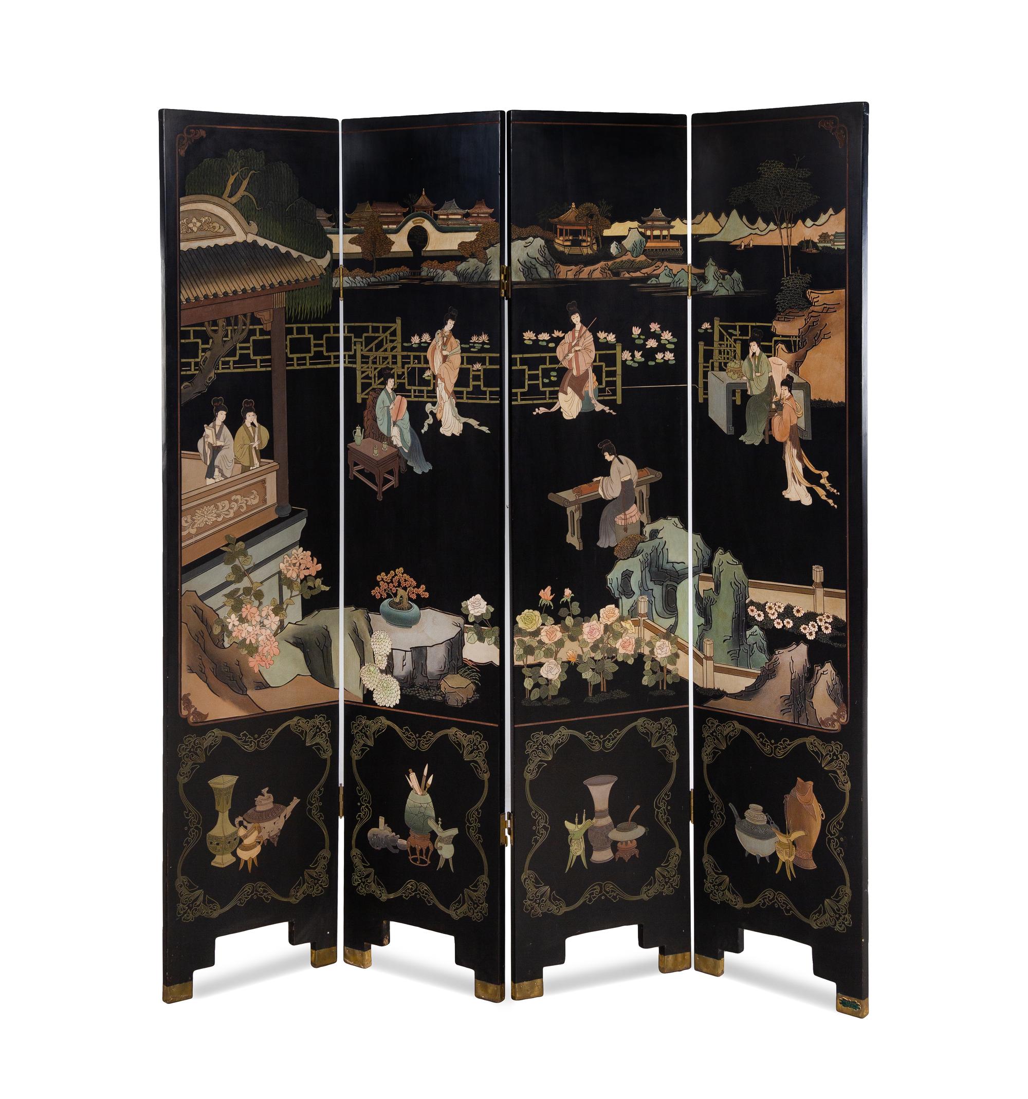 A Chinese Four-Panel Coromandel Lacquered Screen