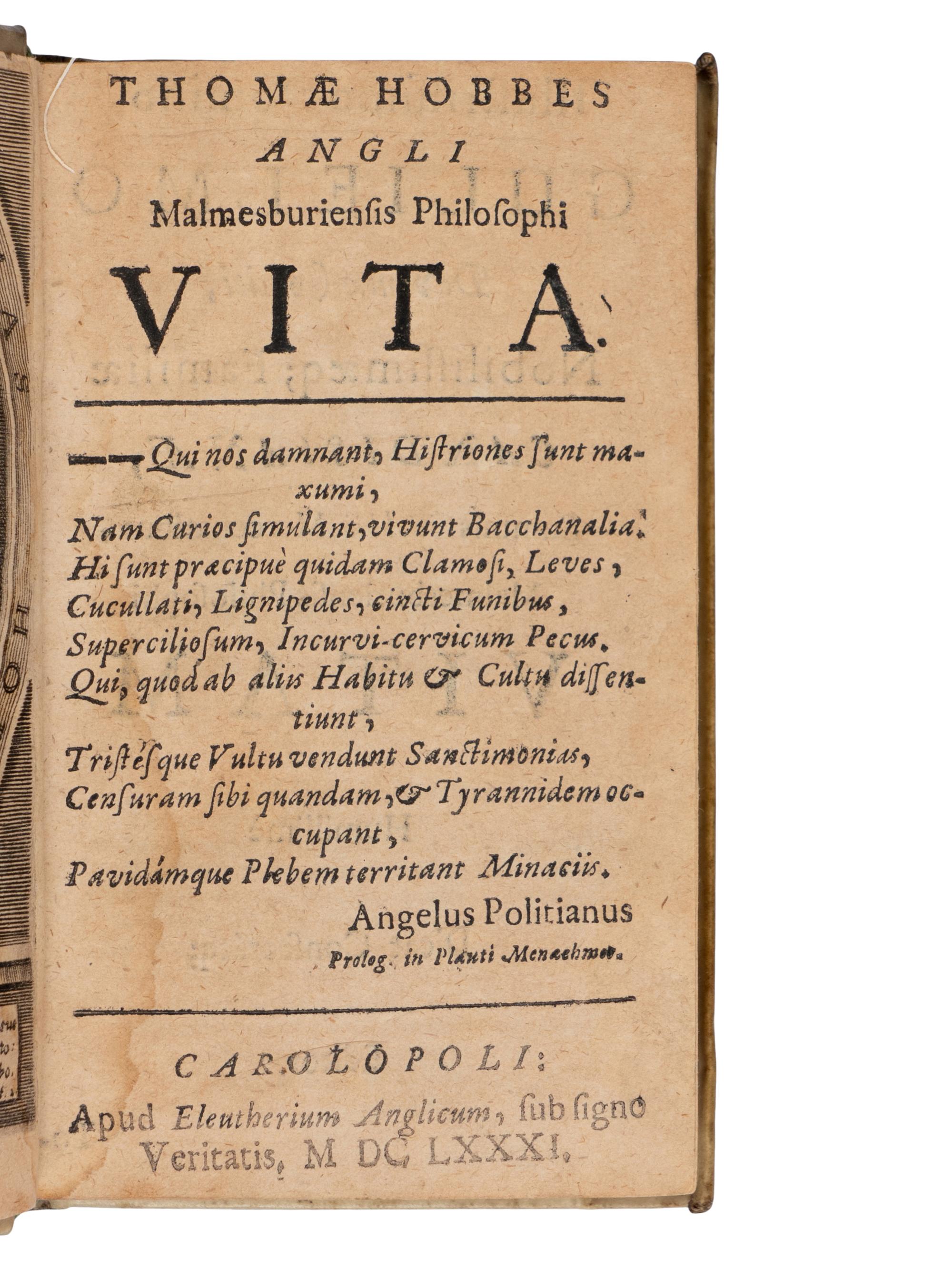 HOBBES, Thomas (1588-1679). Elements of philosophy, the first section, concerning body... now translated into English... To which are added Six lessons to the professors of the mathematiques . London: R. & W. Leybourn for A. Crooke, 1656.