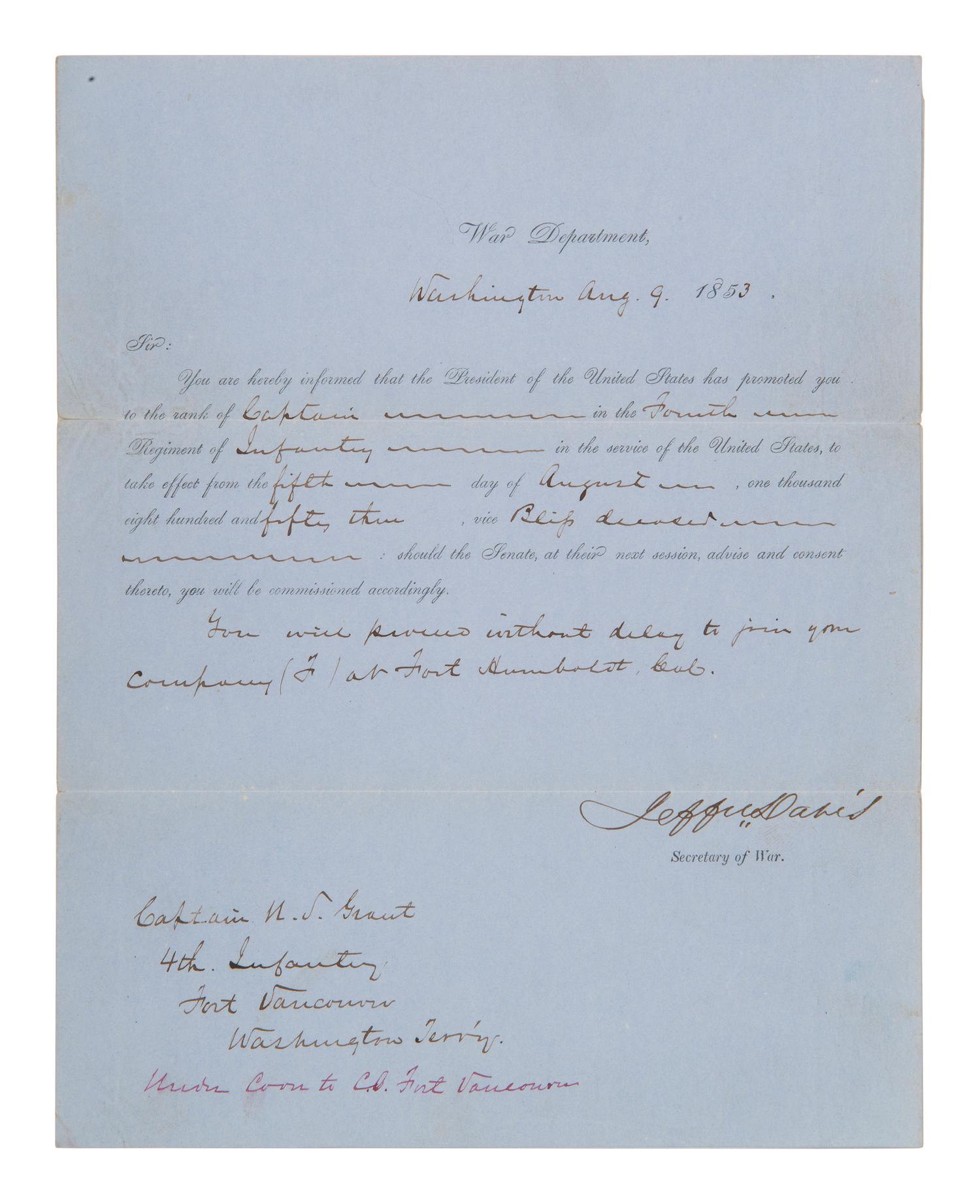 DAVIS, Jefferson (1808-1889). Partly printed document accomplished in manuscript signed ("Jeffer Davis"), as US Secretary of War. Washington, DC, 9 August 1853. SECRETARY OF WAR JEFFERSON DAVIS PROMOTES ULYSSES S. GRANT TO RANK OF CAPTAIN.