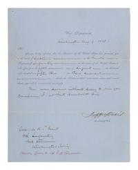 DAVIS, Jefferson (1808-1889). Partly printed document accomplished in manuscript signed ("Jeffer Davis"), as US Secretary of War. Washington, DC, 9 August 1853. SECRETARY OF WAR JEFFERSON DAVIS PROMOTES ULYSSES S. GRANT TO RANK OF CAPTAIN.