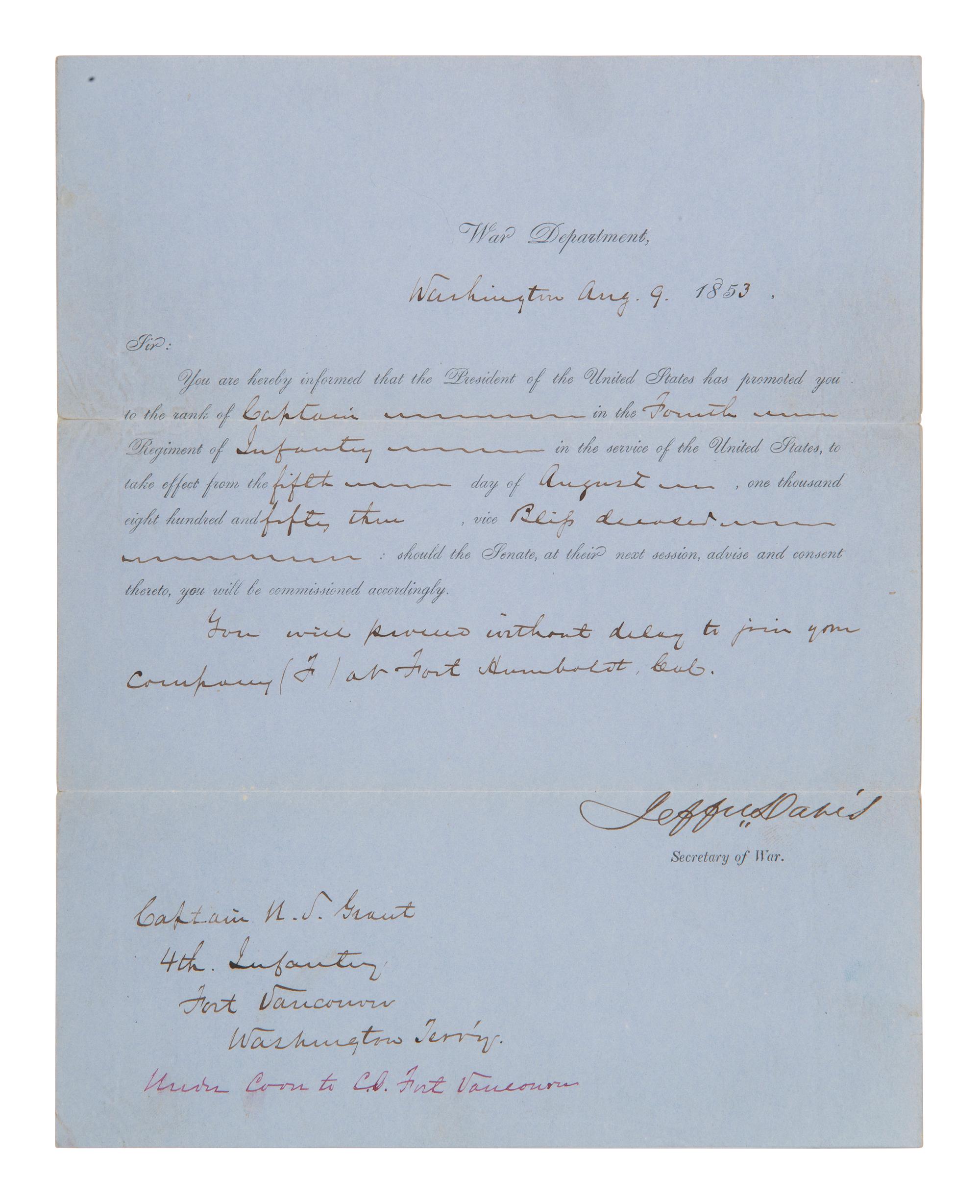 DAVIS, Jefferson (1808-1889). Partly printed document accomplished in manuscript signed ("Jeffer Davis"), as US Secretary of War. Washington, DC, 9 August 1853. SECRETARY OF WAR JEFFERSON DAVIS PROMOTES ULYSSES S. GRANT TO RANK OF CAPTAIN.