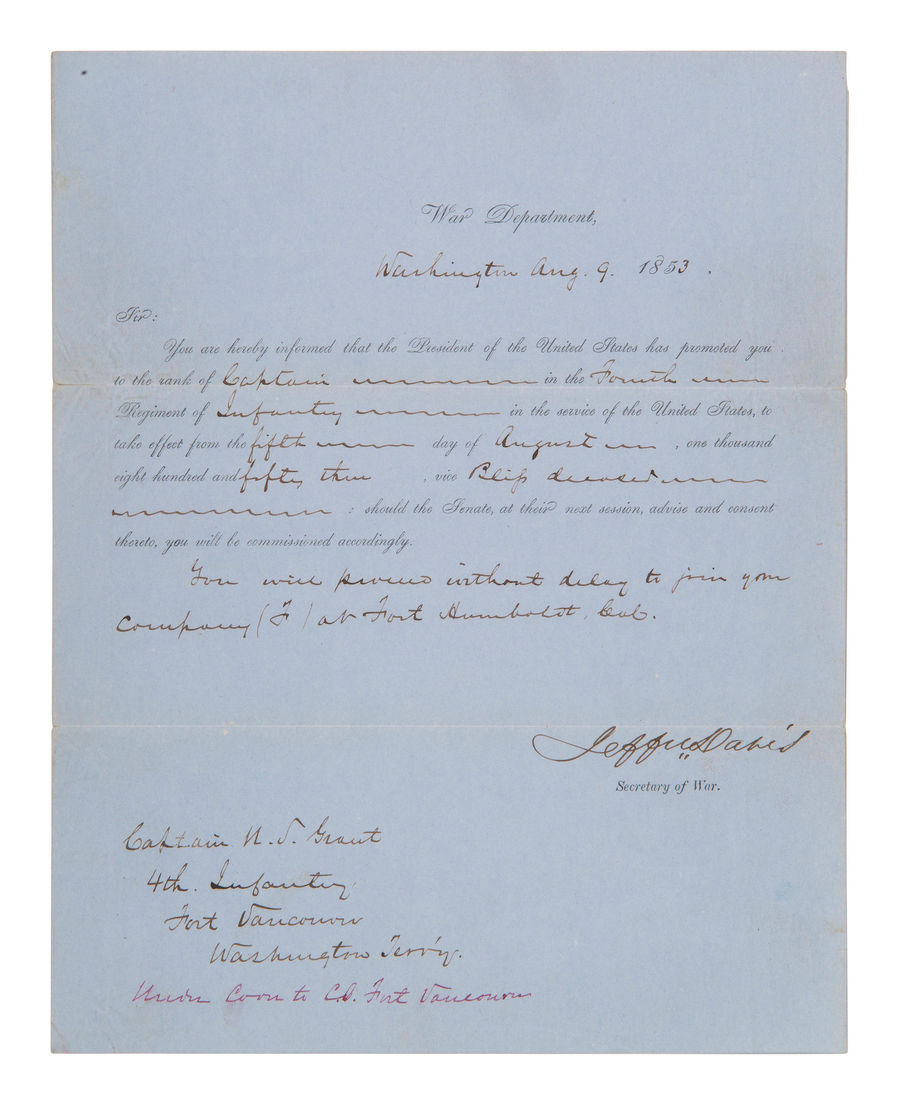 DAVIS, Jefferson (1808-1889). Partly printed document accomplished in manuscript signed ("Jeffer Davis"), as US Secretary of War. Washington, DC, 9 August 1853. SECRETARY OF WAR JEFFERSON DAVIS PROMOTES ULYSSES S. GRANT TO RANK OF CAPTAIN.