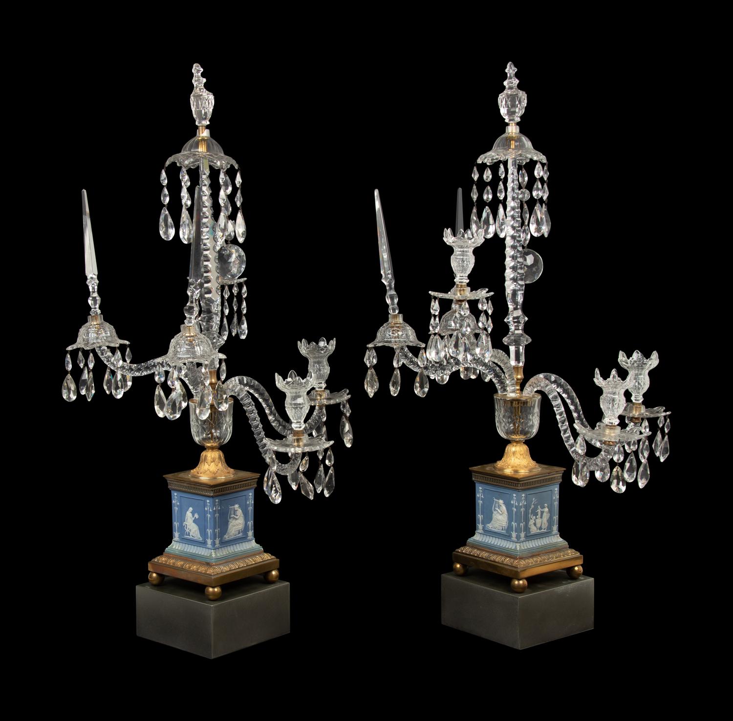 A Pair of George III Style Gilt Bronze Mounted Jasperware and Cut Glass Five-Arm Girandoles