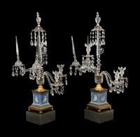 A Pair of George III Style Gilt Bronze Mounted Jasperware and Cut Glass Five-Arm Girandoles