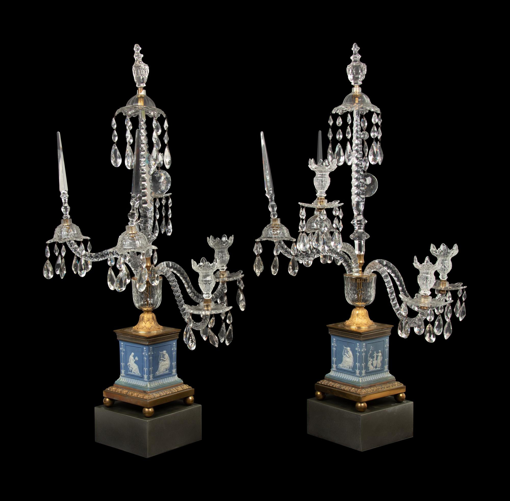 A Pair of George III Style Gilt Bronze Mounted Jasperware and Cut Glass Five-Arm Girandoles