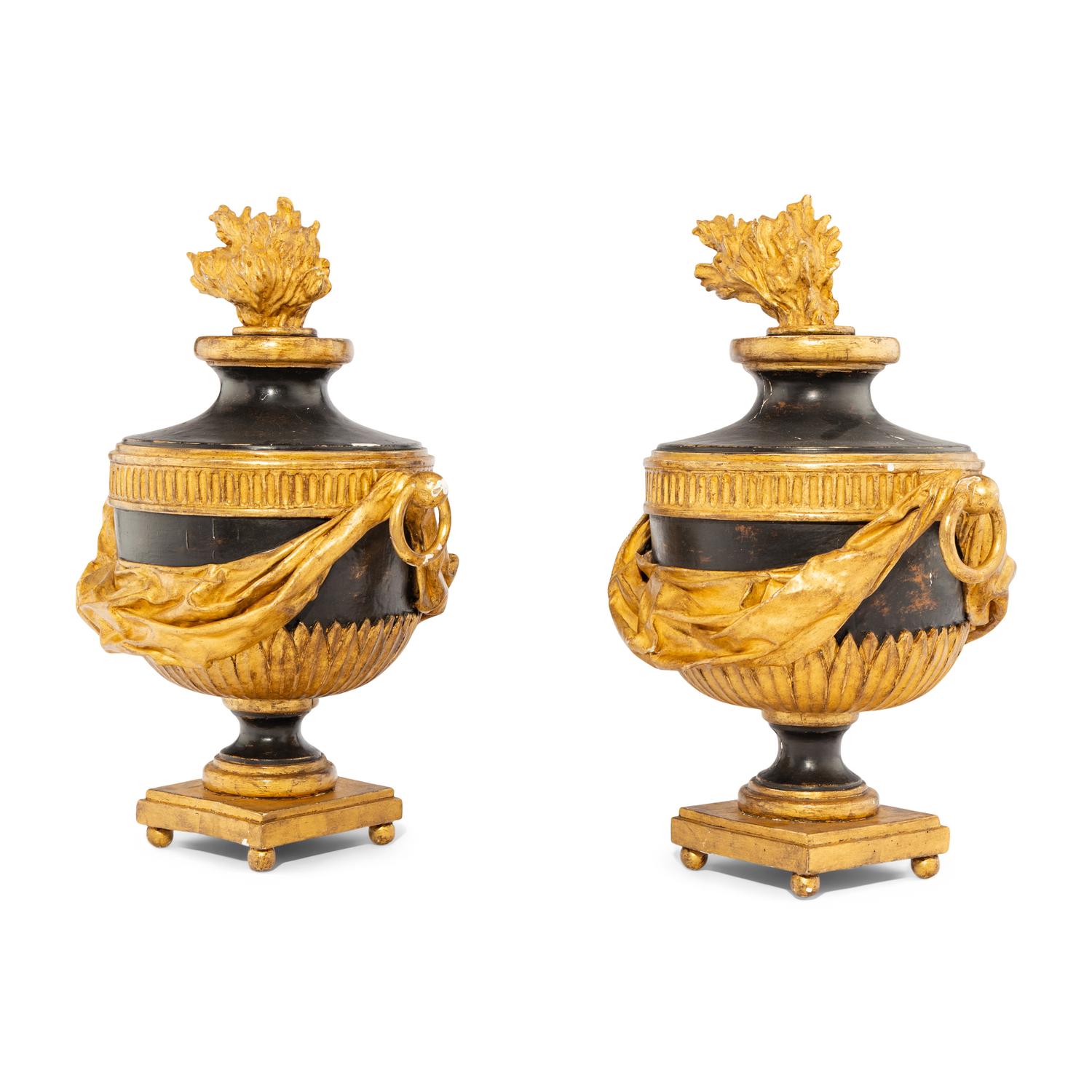A Pair of Neoclassical Style Painted and Parcel Giltwood Flaming Urns