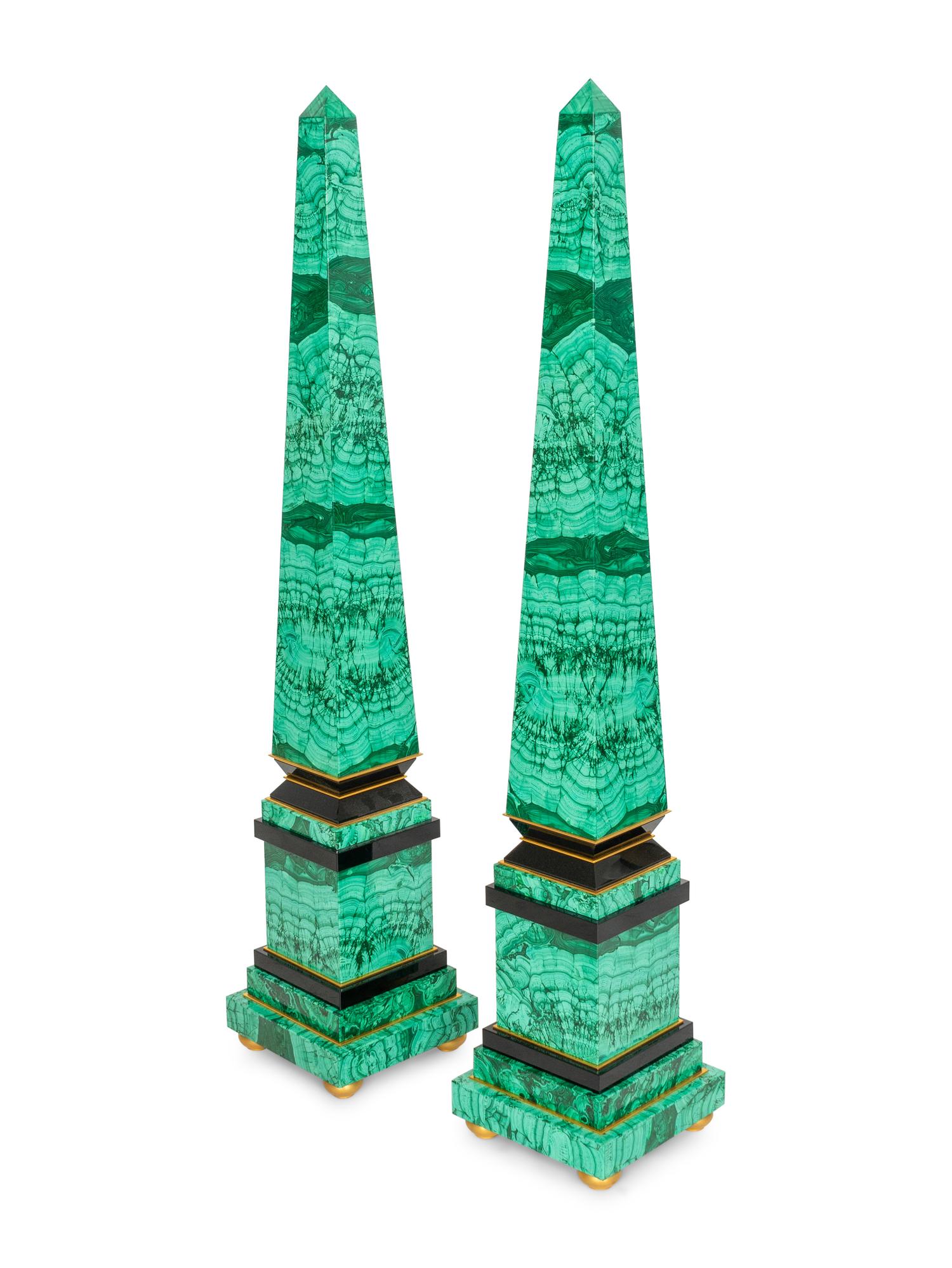 A Pair of Monumental Malachite Obelisks