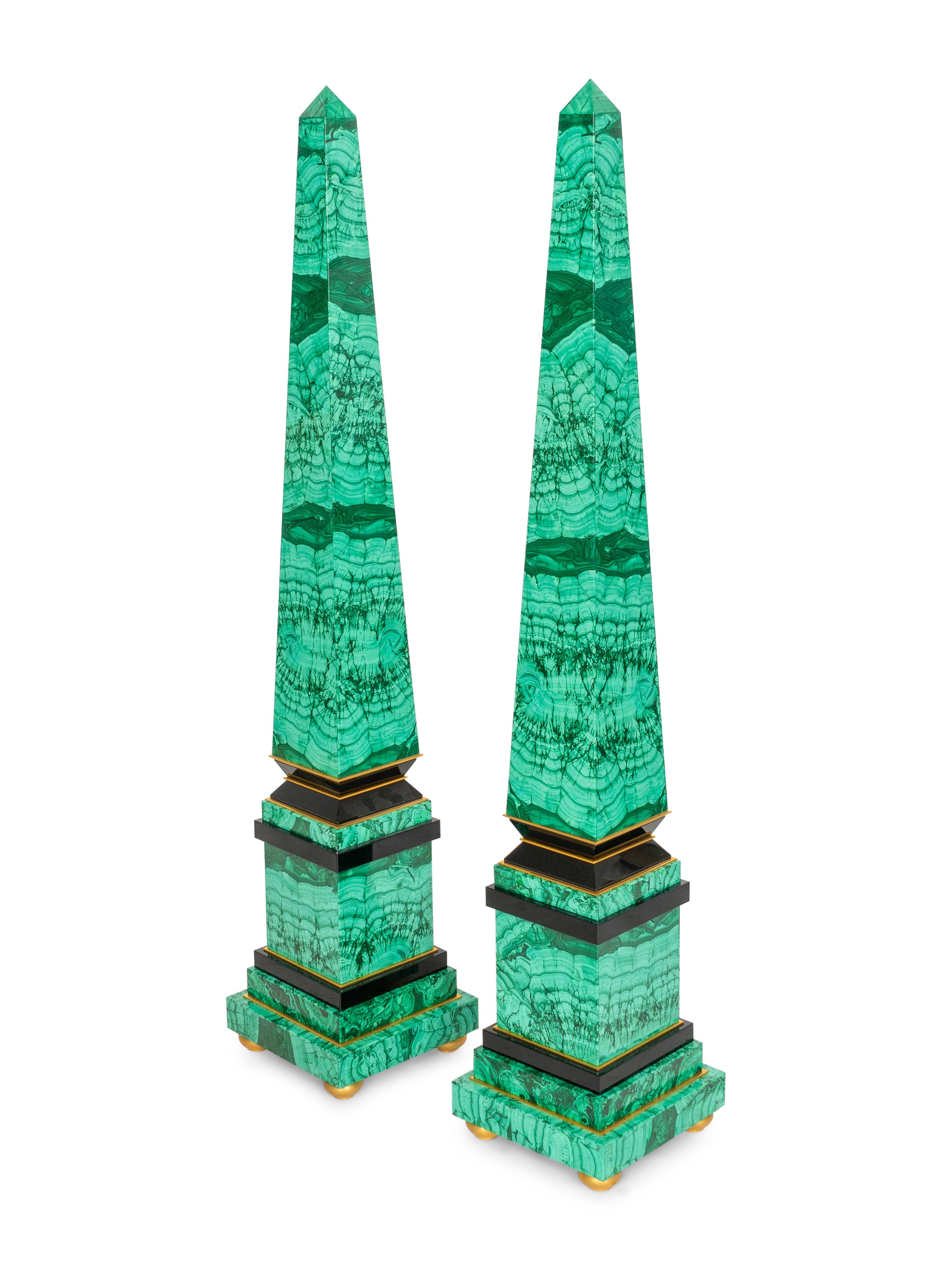 A Pair of Monumental Malachite Obelisks