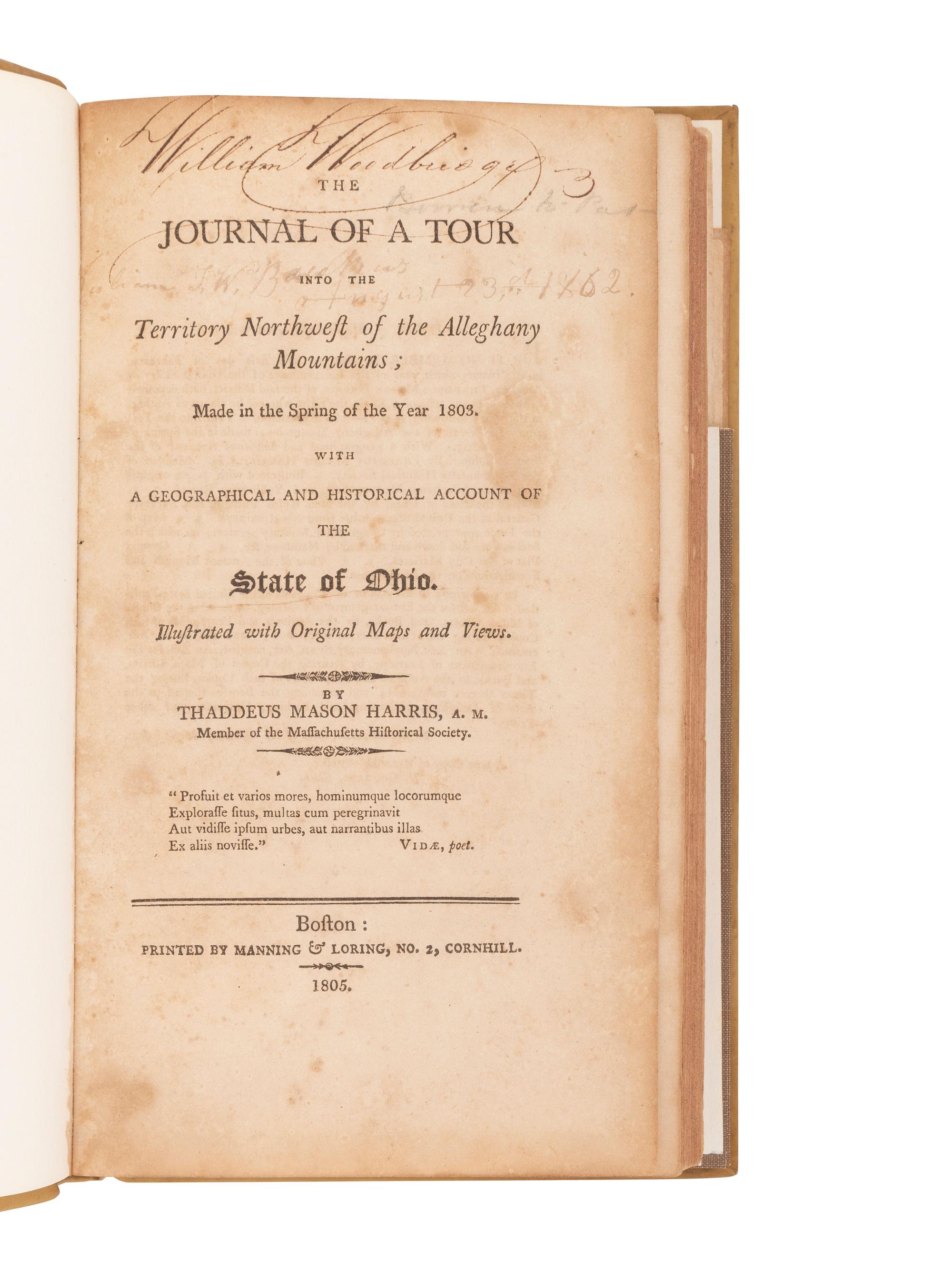 HARRIS, Thaddeus Mason (1768-1842). The Journal of a Tour into the Territory Northwest of the Alleghany Mountains; made in the Spring of the year 1803. Boston: Manning & Loring, 1805.