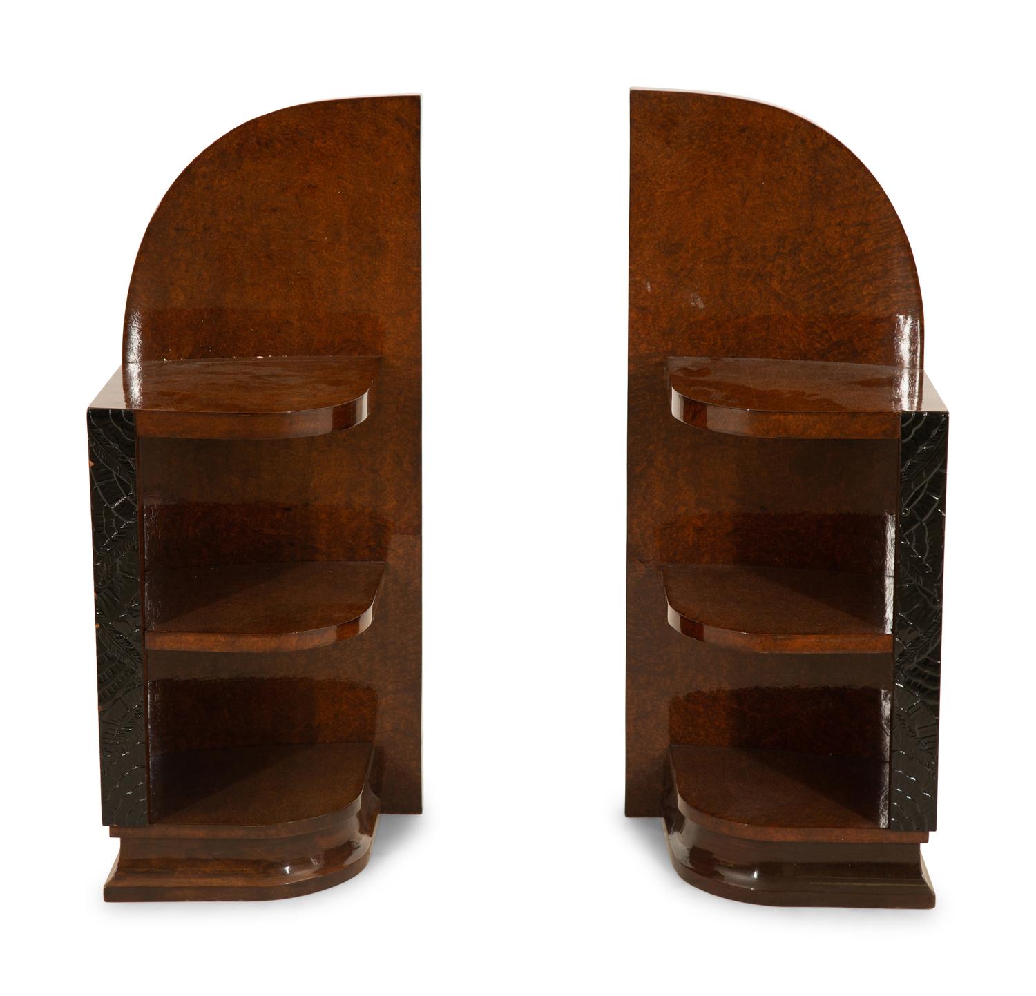 A Pair of French Art Deco Amboyna Nightstands — Circa 1940