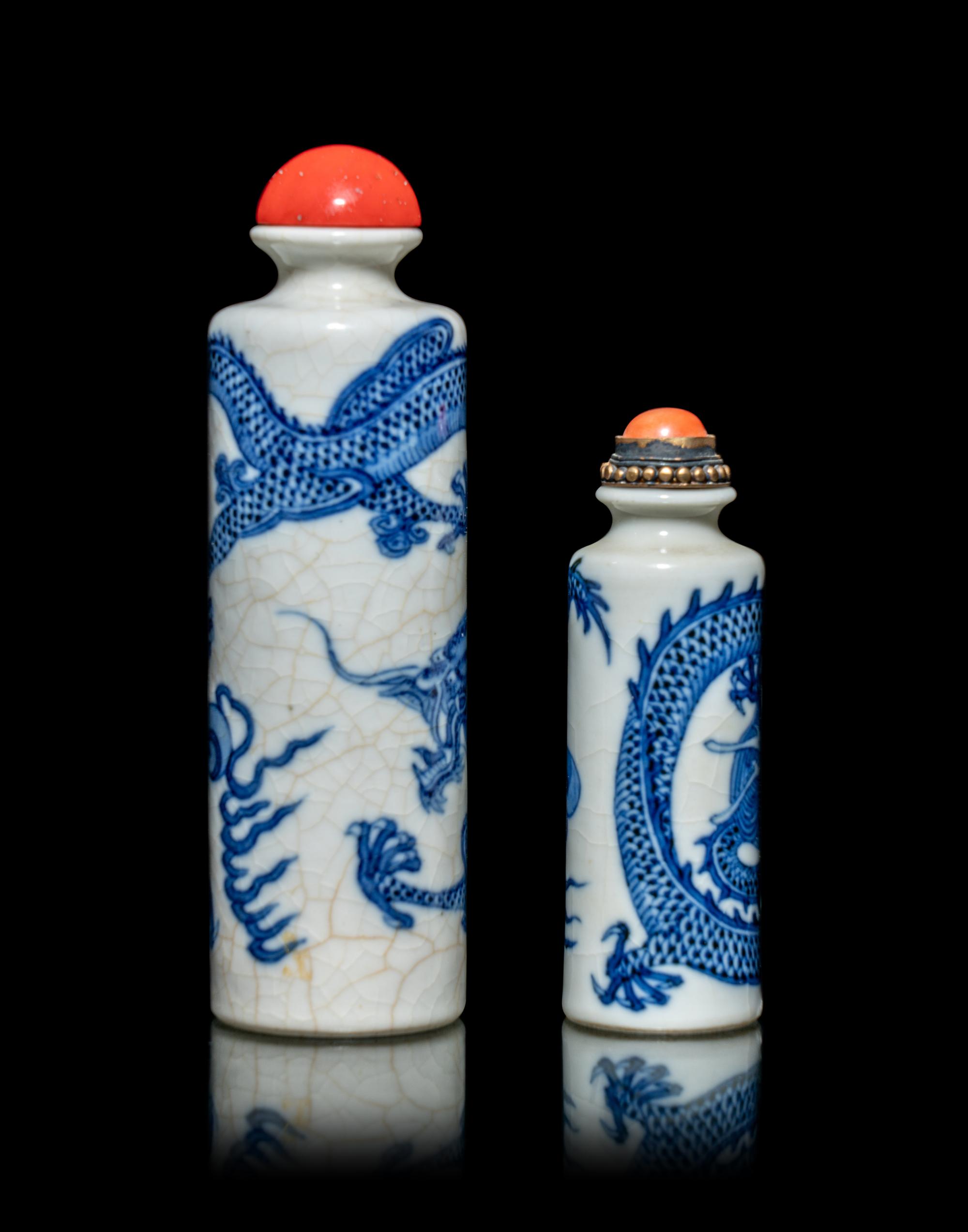 Two Chinese Blue and White Porcelain 'Dragon' Cylindrical-Form Snuff Bottles