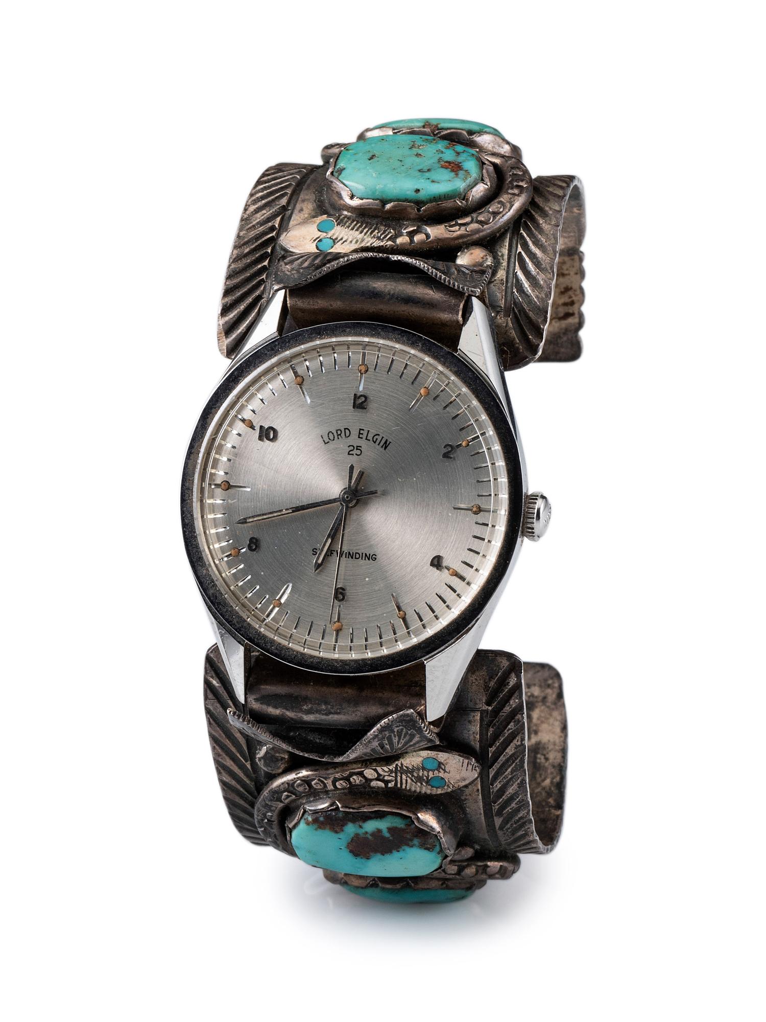 Navajo or Zuni Silver and Turquoise Watch Cuff, with Snake Design