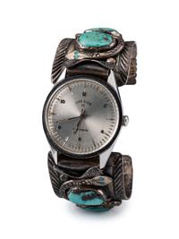 Navajo or Zuni Silver and Turquoise Watch Cuff, with Snake Design
