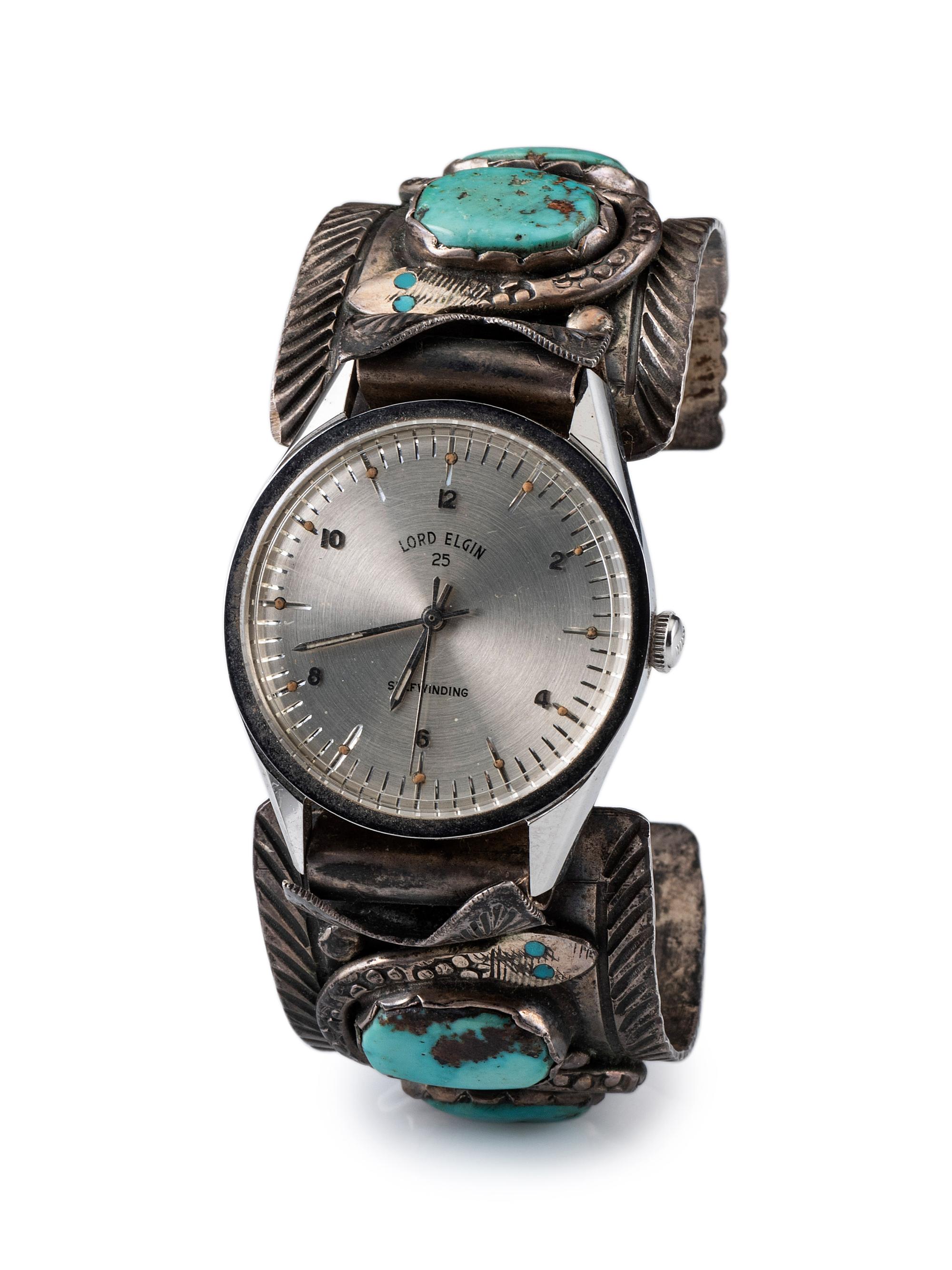 Navajo or Zuni Silver and Turquoise Watch Cuff, with Snake Design