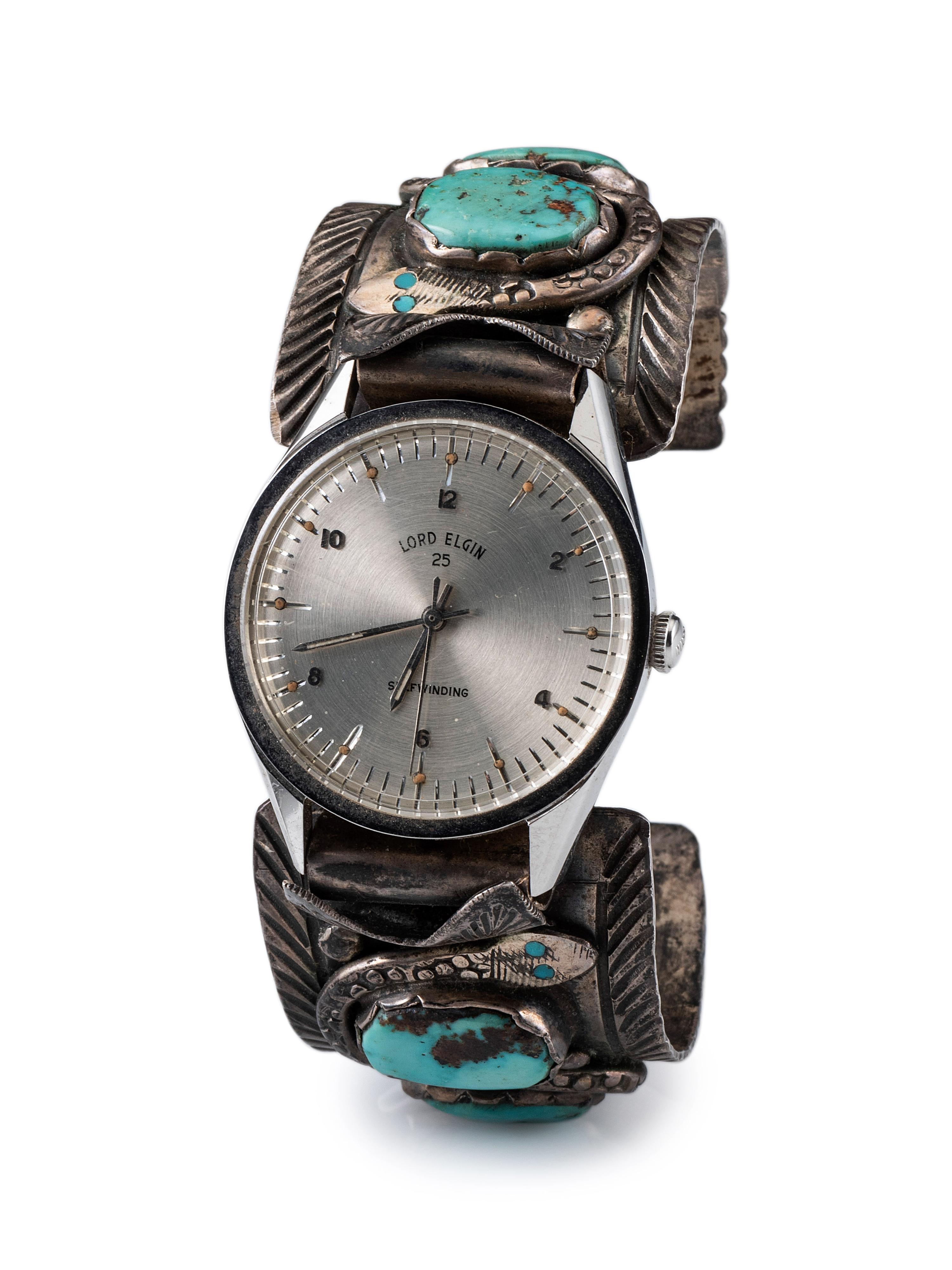 Navajo or Zuni Silver and Turquoise Watch Cuff, with Snake Design