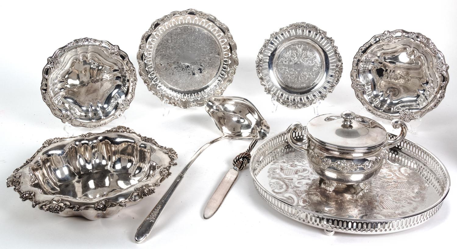 Nine Miscellaneous Silverplate Articles Diameter of tray 12 inches.