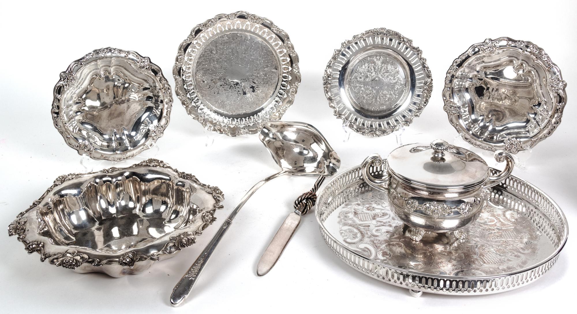 Nine Miscellaneous Silverplate Articles Diameter of tray 12 inches.