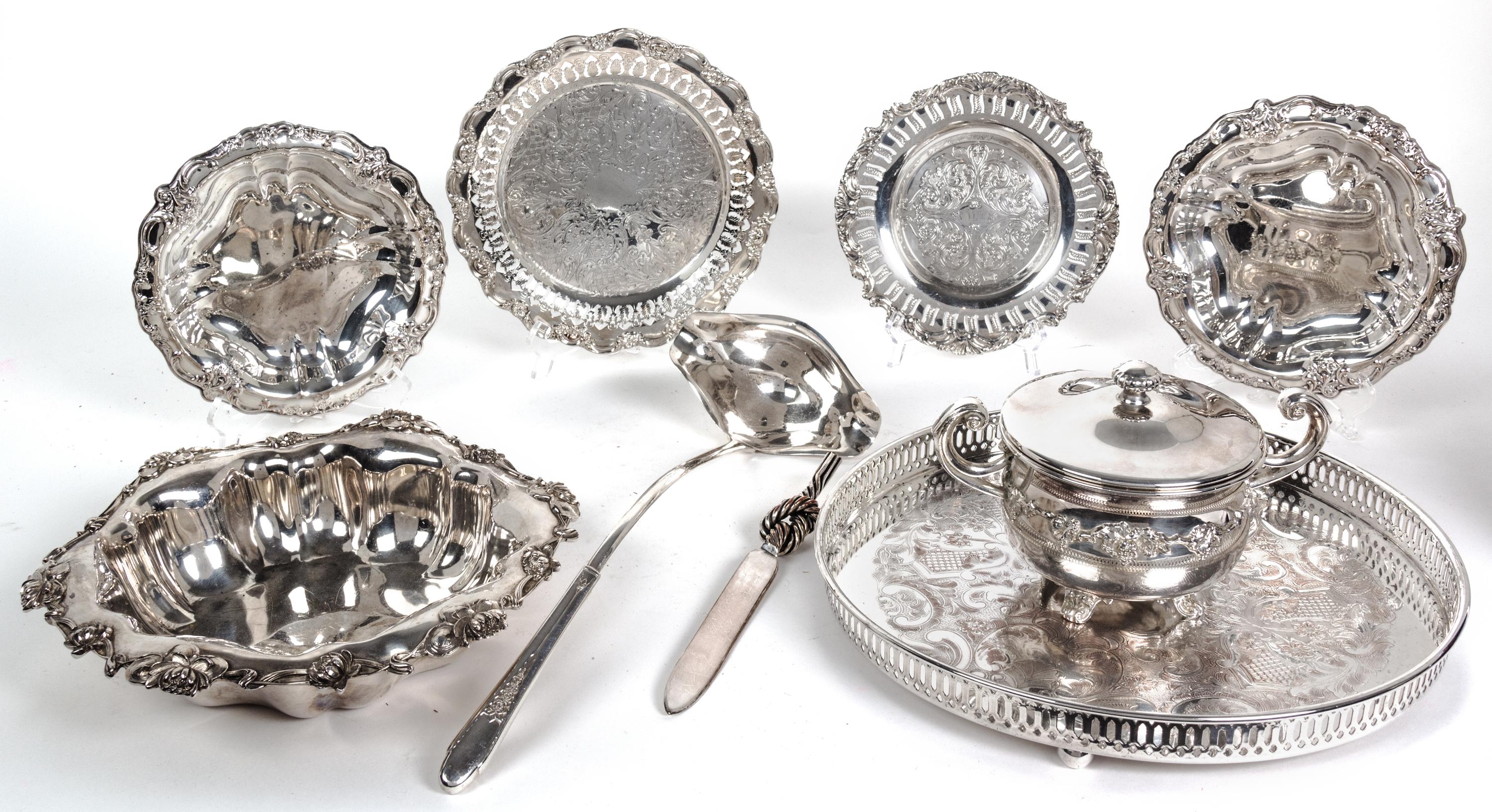 Nine Miscellaneous Silverplate Articles Diameter of tray 12 inches.