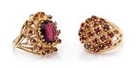 A Collection of Yellow Gold, Amethyst and Garnet Rings, 10.70 dwts.