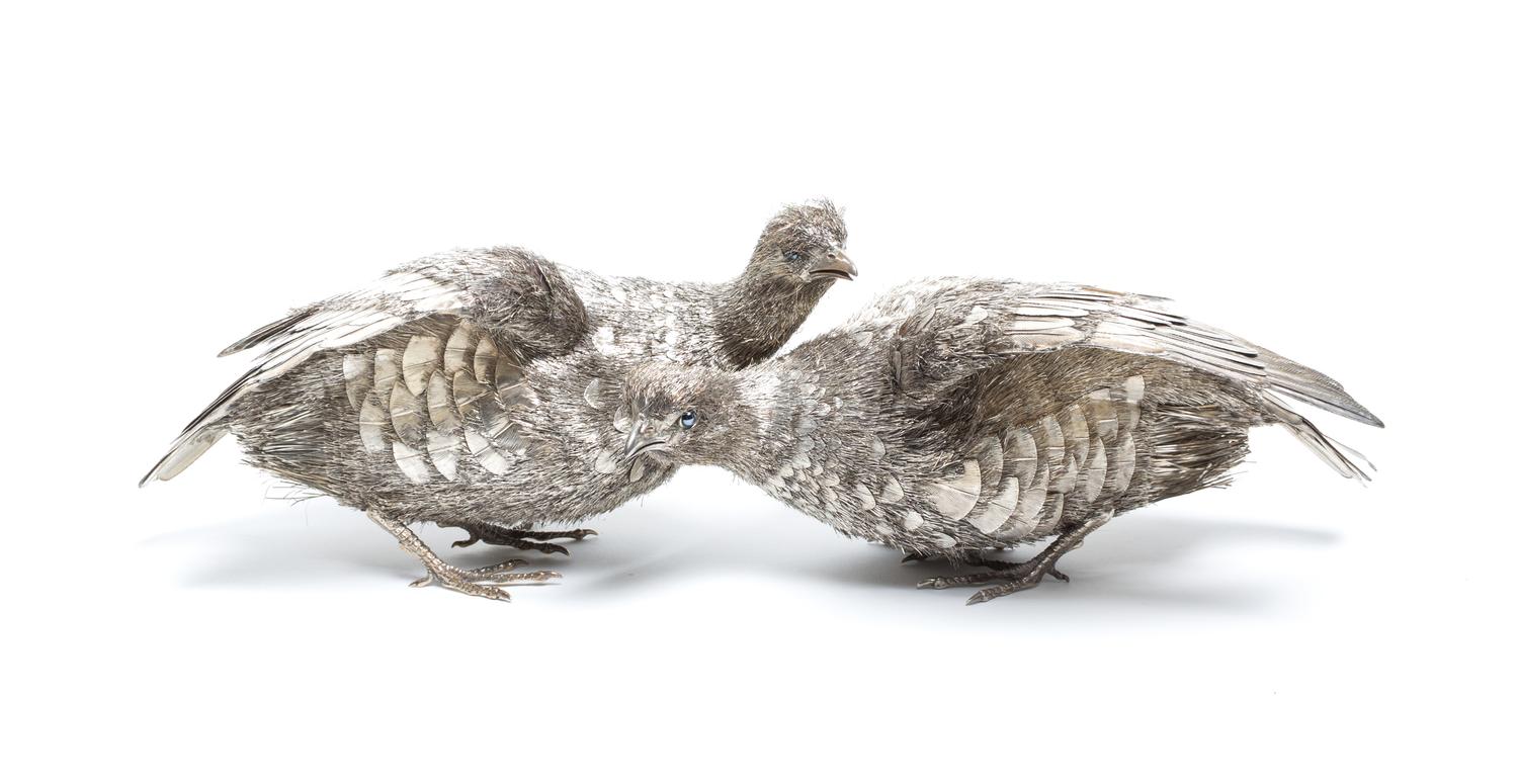 A Pair of Italian Silver Figural Birds, Nava & Nancini Largest height 6 x width 8 x length 12 inches. — LATE 20TH CENTURY