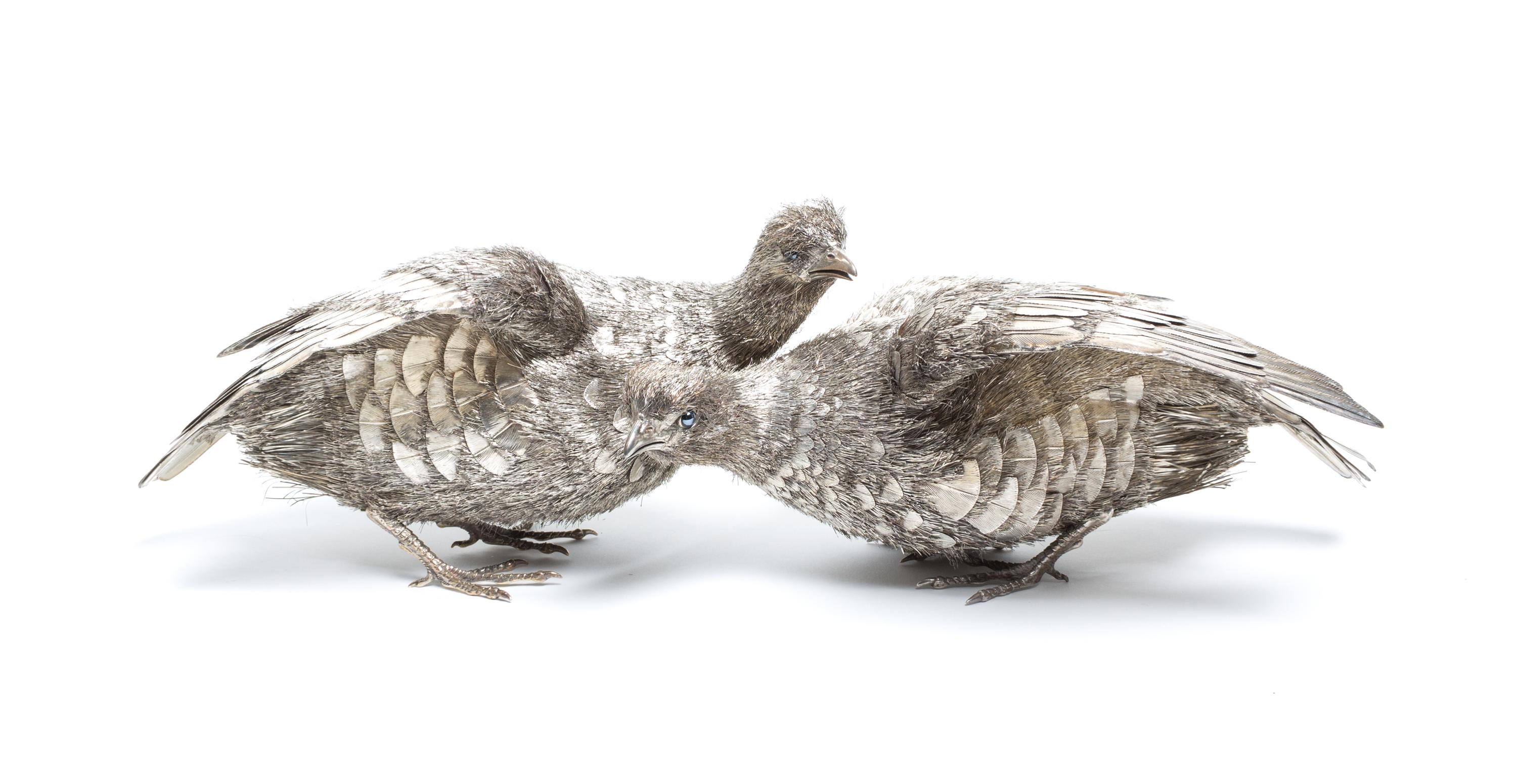 A Pair of Italian Silver Figural Birds, Nava & Nancini Largest height 6 x width 8 x length 12 inches. — LATE 20TH CENTURY