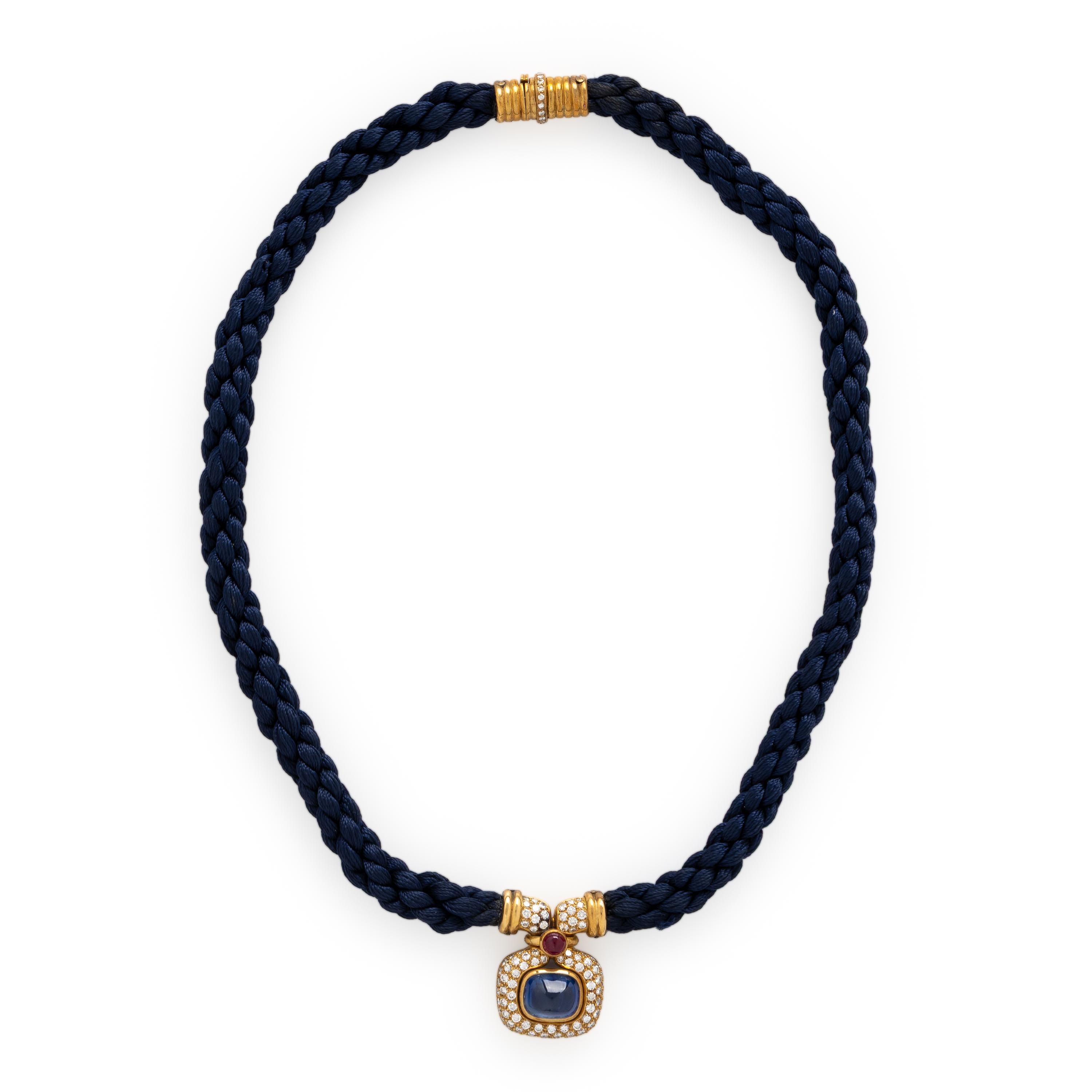 Bulgari, French, Yellow Gold, Sapphire, Diamond, and Silk Cord Necklace
