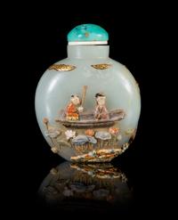 An Embellished Celadon Jade Snuff Bottle Height 2 5/8 inches. — EMBELLISHMENT 1850-1870, BOTTLE LATE 18TH/EARLY 19TH CENTURY