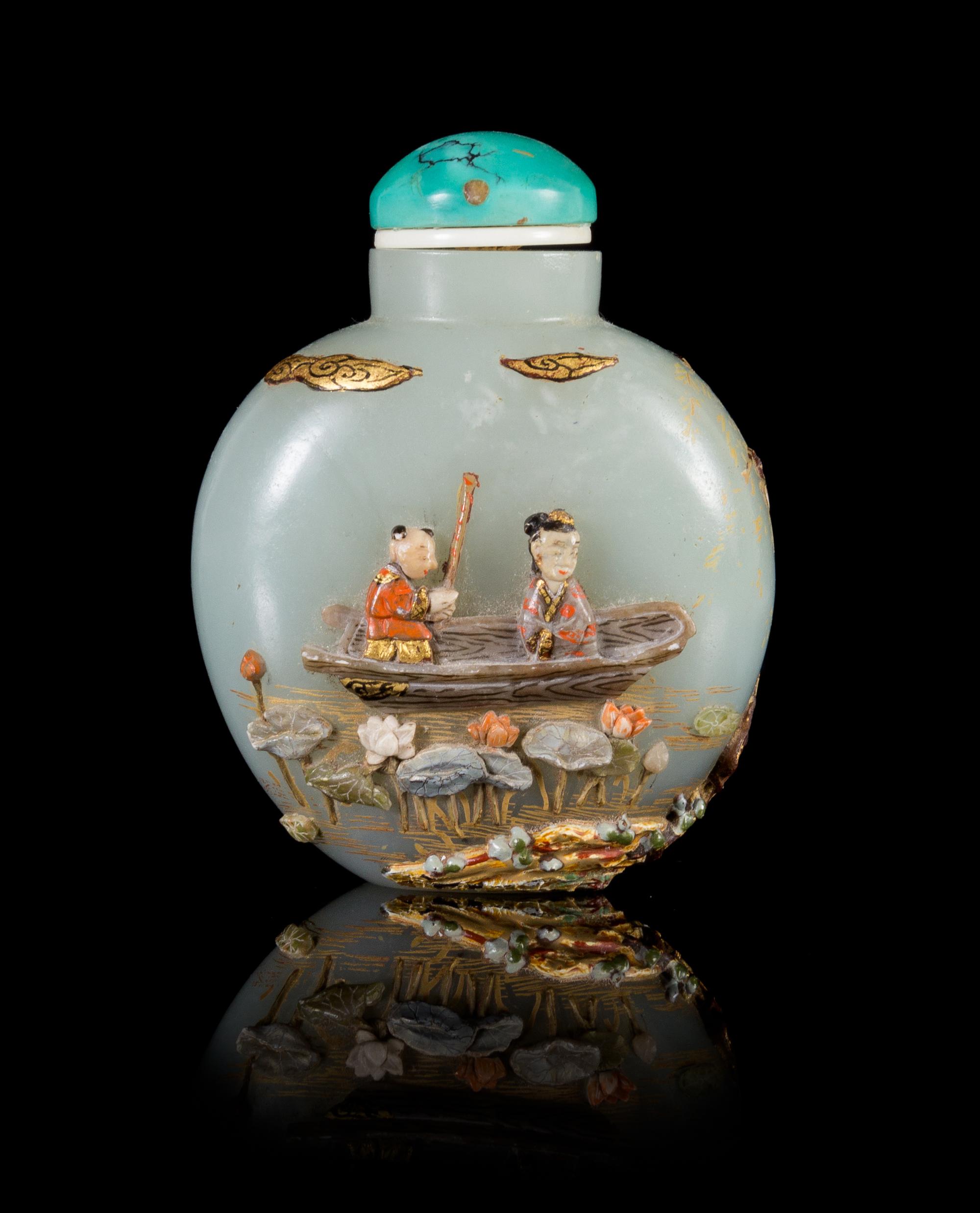 An Embellished Celadon Jade Snuff Bottle Height 2 5/8 inches. — EMBELLISHMENT 1850-1870, BOTTLE LATE 18TH/EARLY 19TH CENTURY